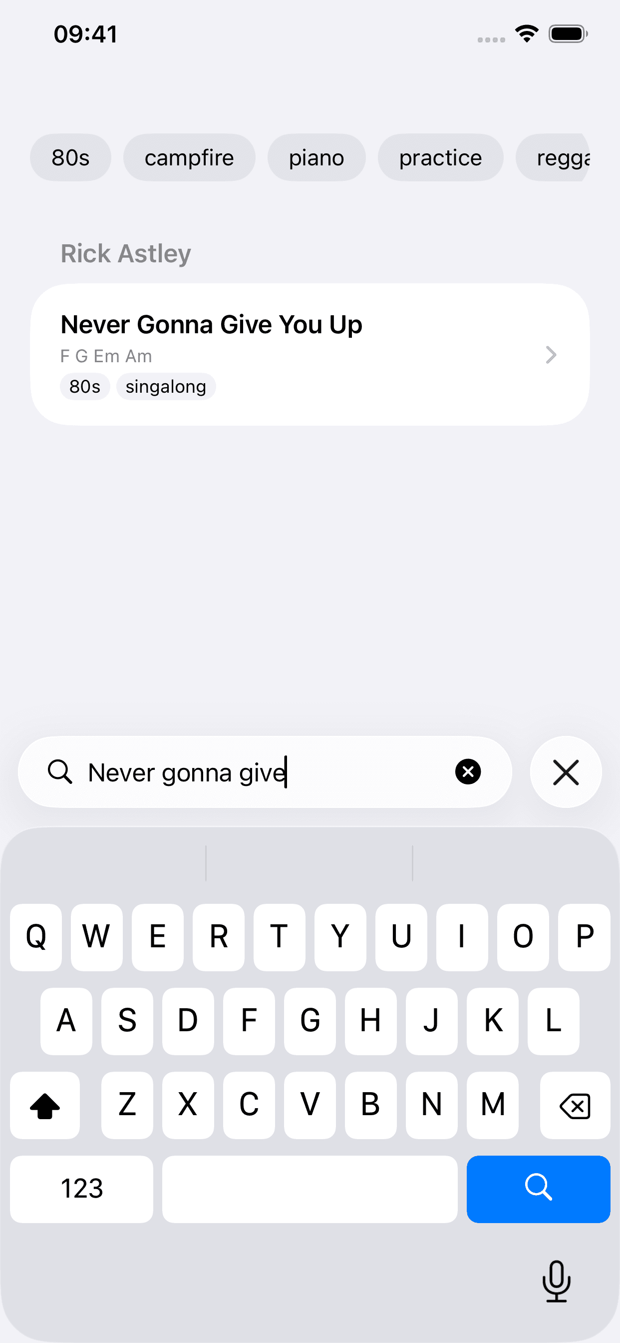 The song list filtered by the search “Never gonna give”, showing one matching song.
