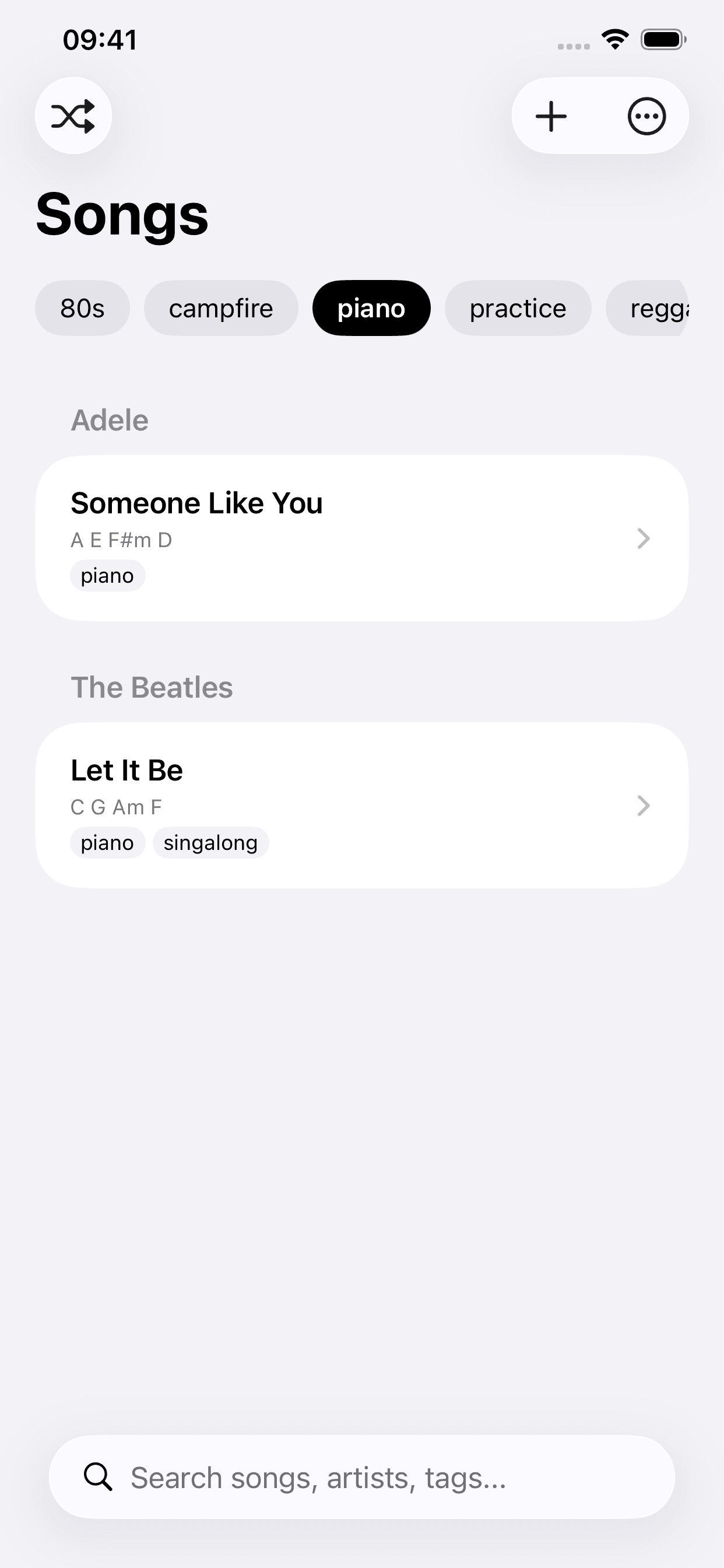 The song list with the piano tag selected, showing two songs.