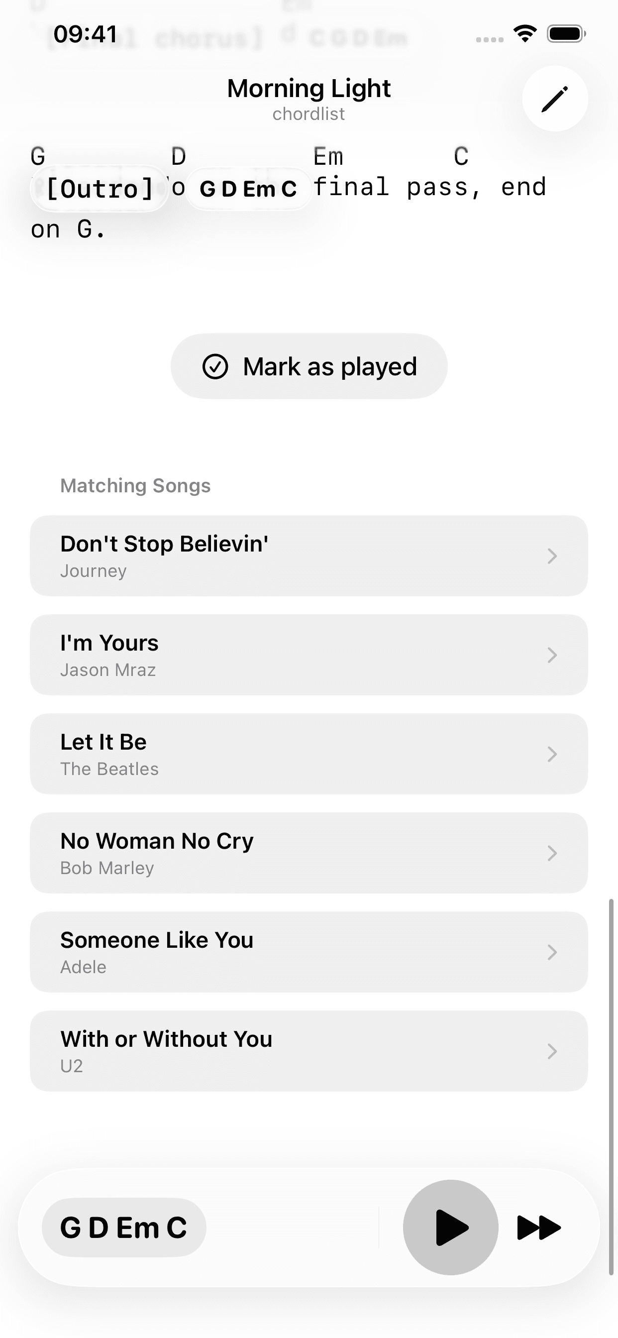 The end of a song in chordlist, numbered: 6 the Mark as played button, 7 the list of matching songs.