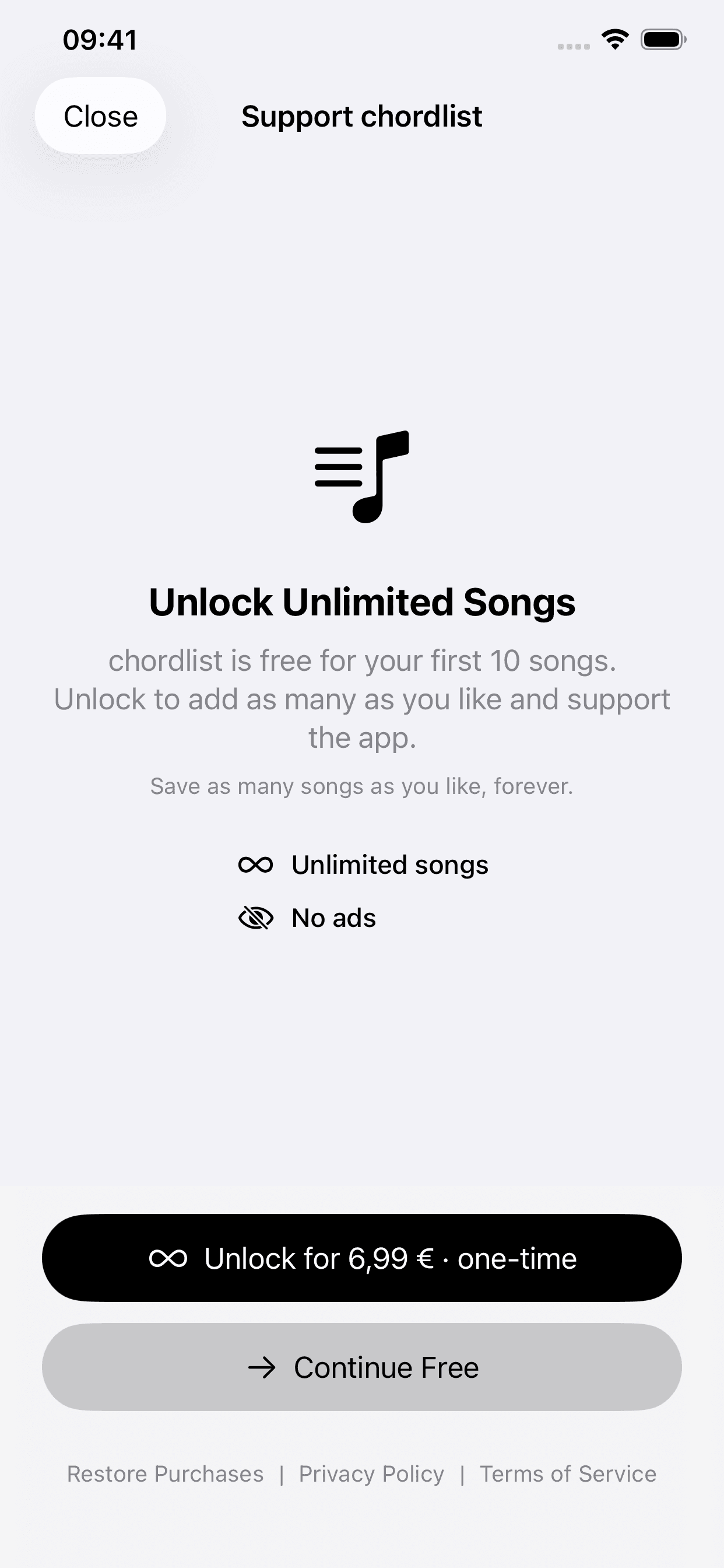 The Support chordlist screen, numbered: 1 what the unlock includes, 2 the button that buys it, with its one-time price, 3 Continue Free, 4 Restore Purchases.