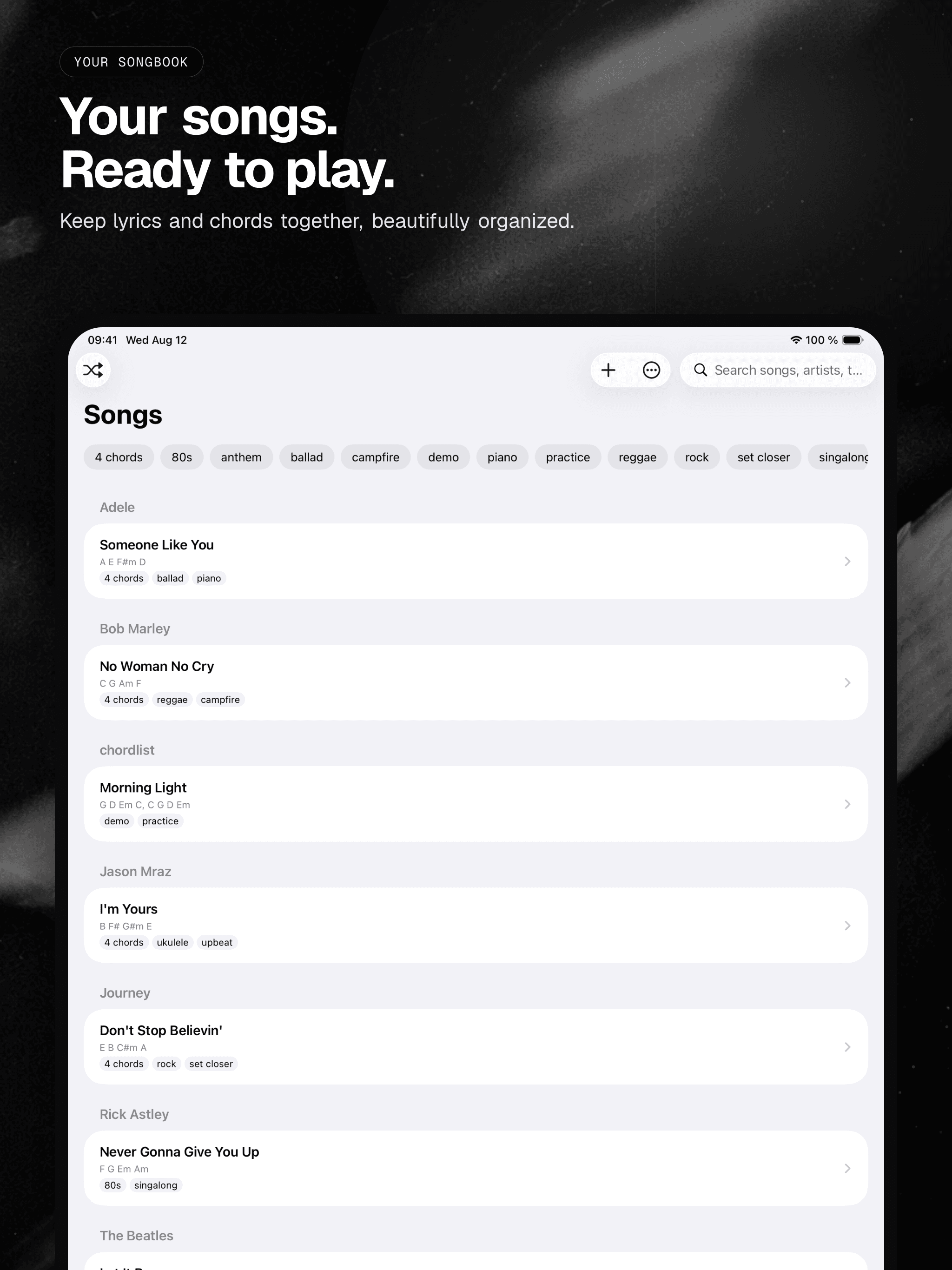 01 · Your songs. Ready to play., from the analog 13-inch iPad App Store screenshot set.