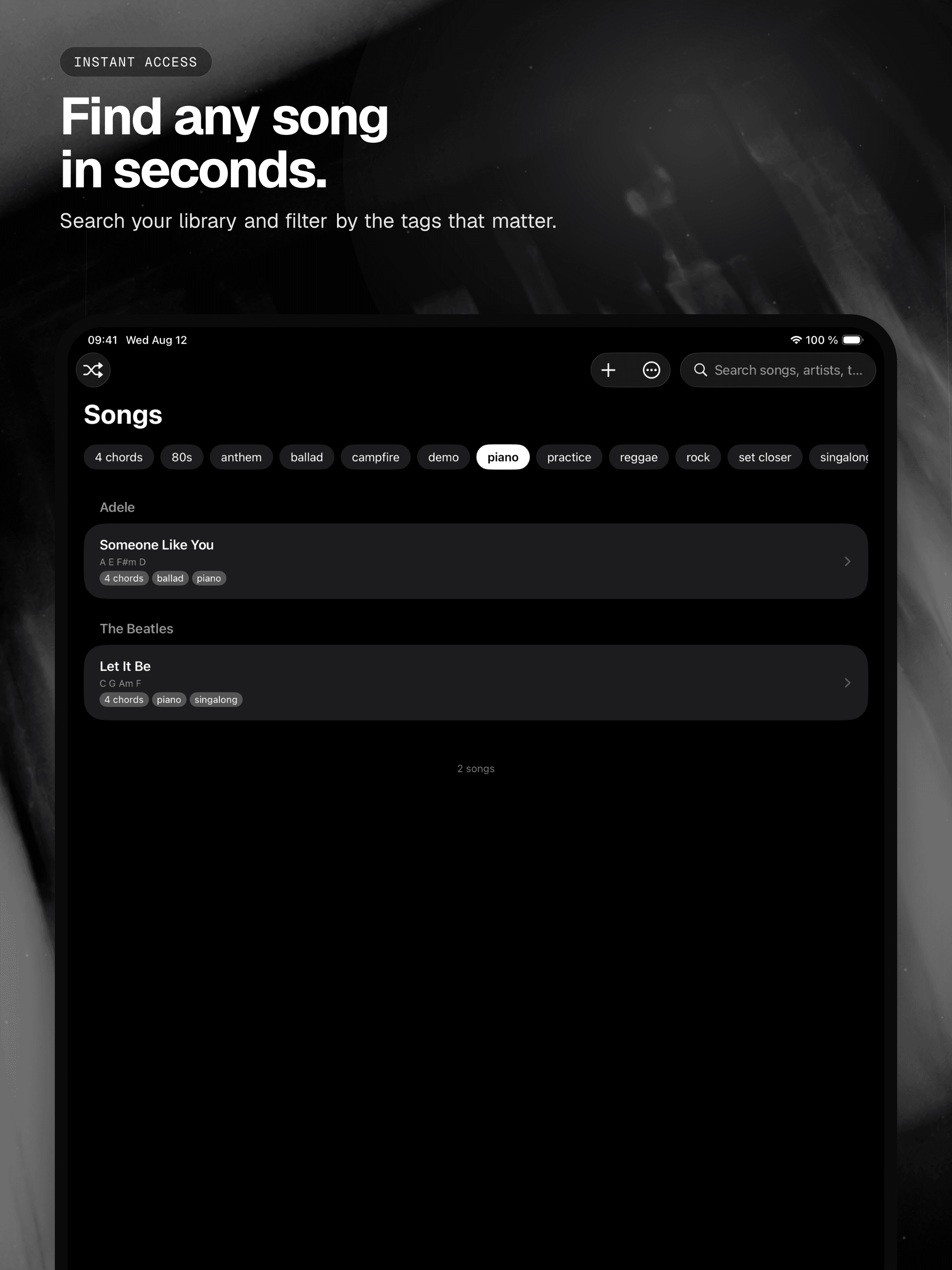 02 · Find any song in seconds., from the analog 13-inch iPad App Store screenshot set.