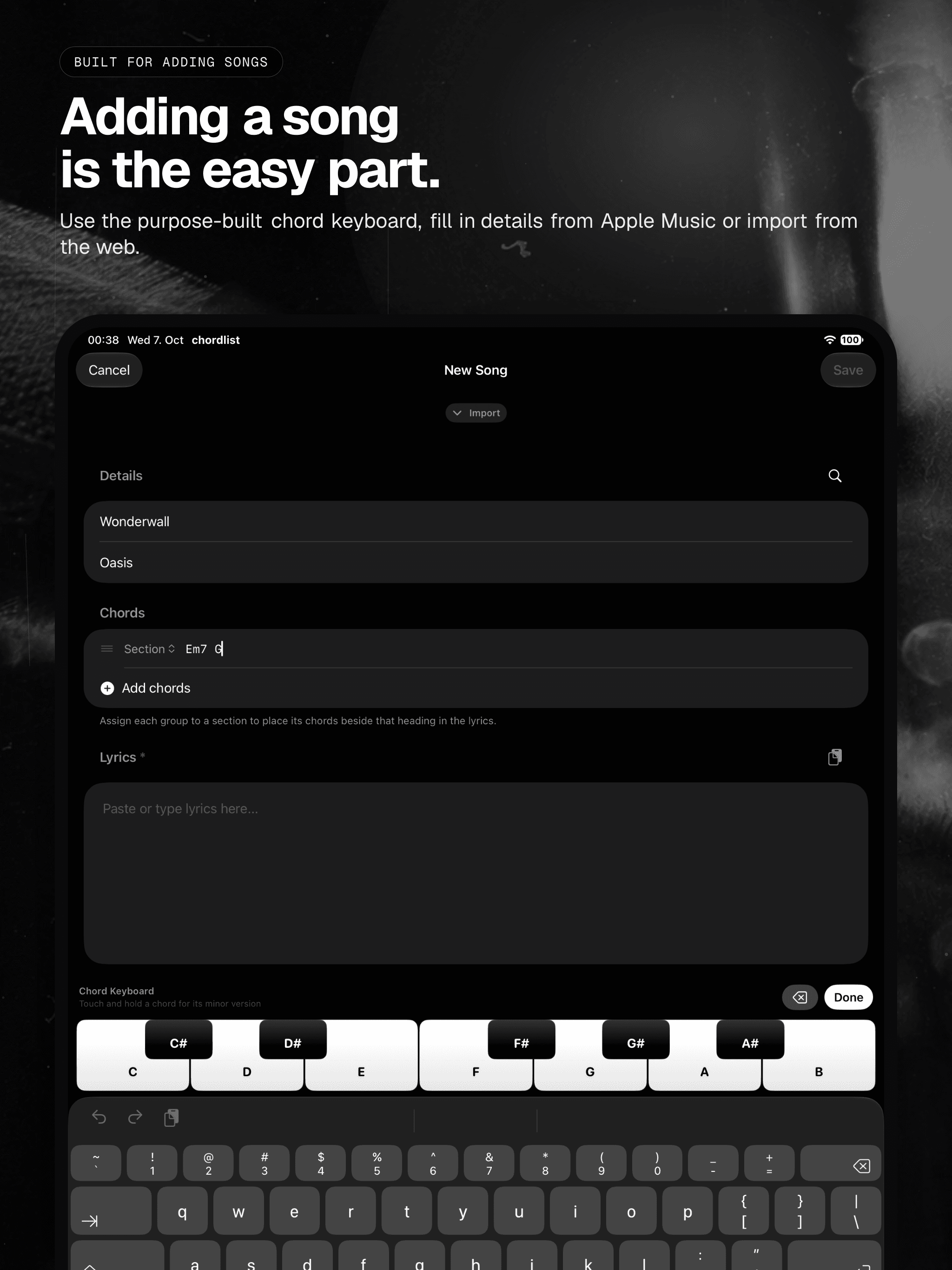 04 · Adding a song is the easy part., from the English analog 13-inch iPad App Store screenshot set.