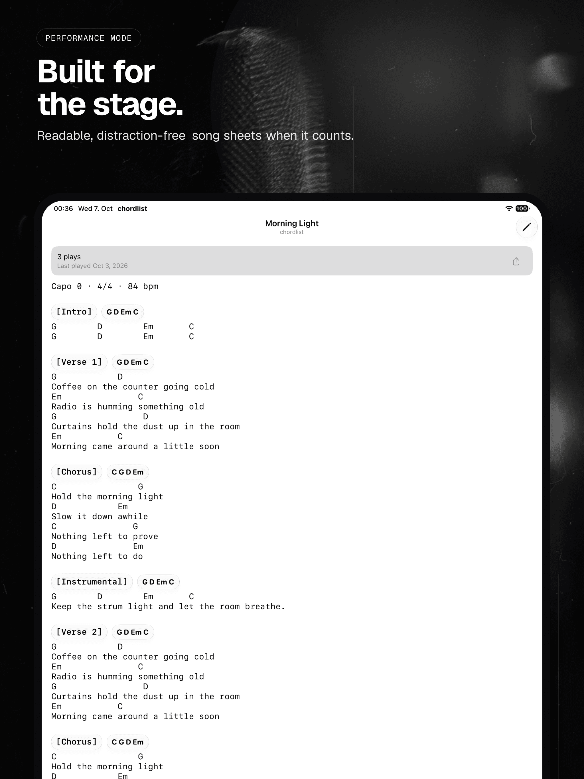 05 · Built for the stage., from the English analog 13-inch iPad App Store screenshot set.