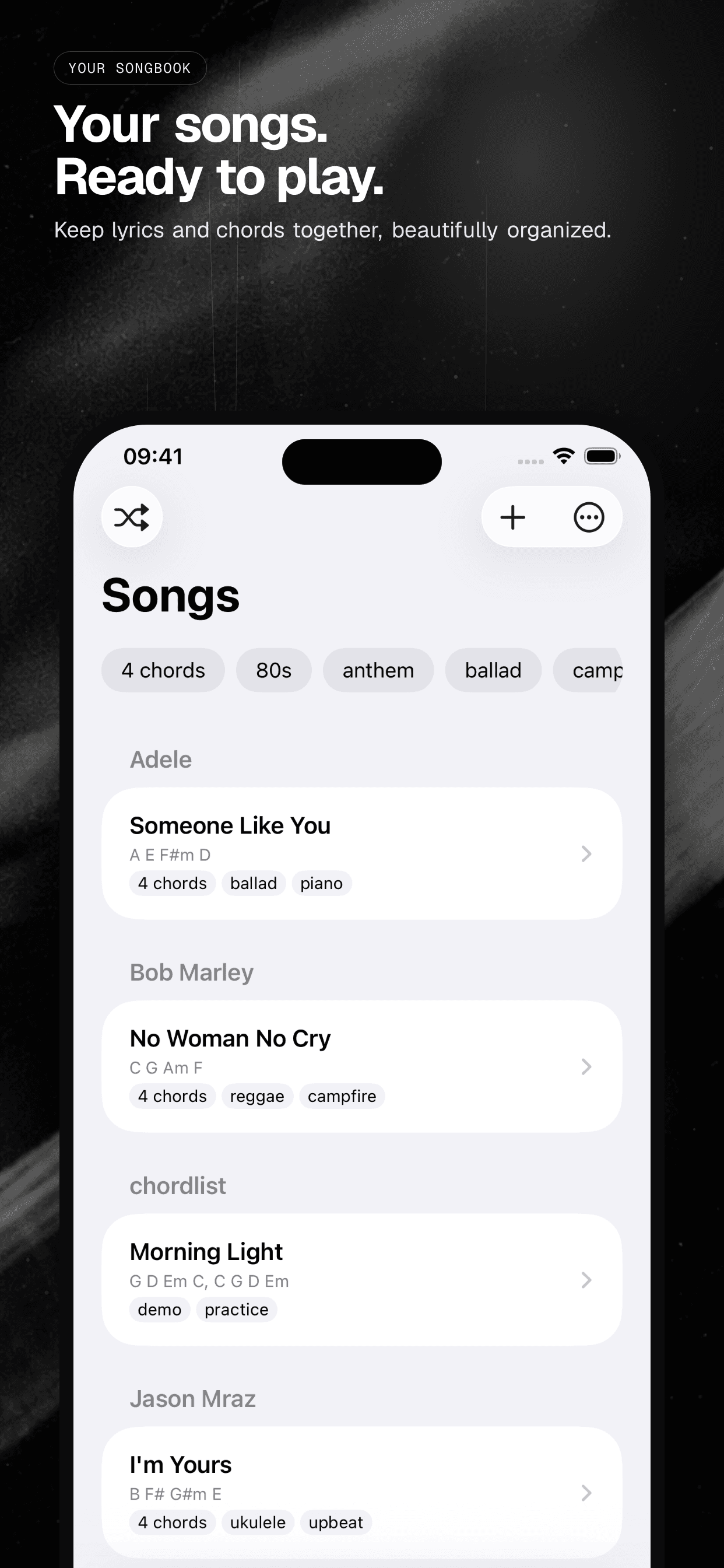 01 · Your songs. Ready to play., from the analog 6.5-inch iPhone App Store screenshot set.