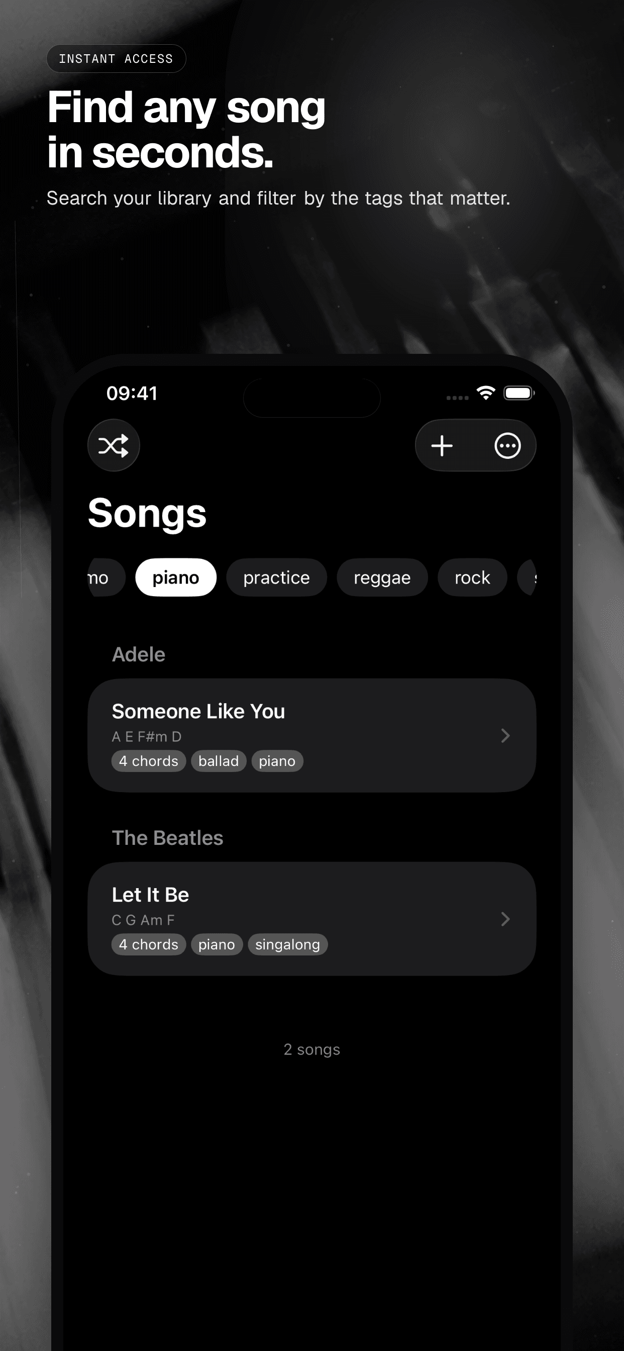 02 · Find any song in seconds., from the analog 6.5-inch iPhone App Store screenshot set.