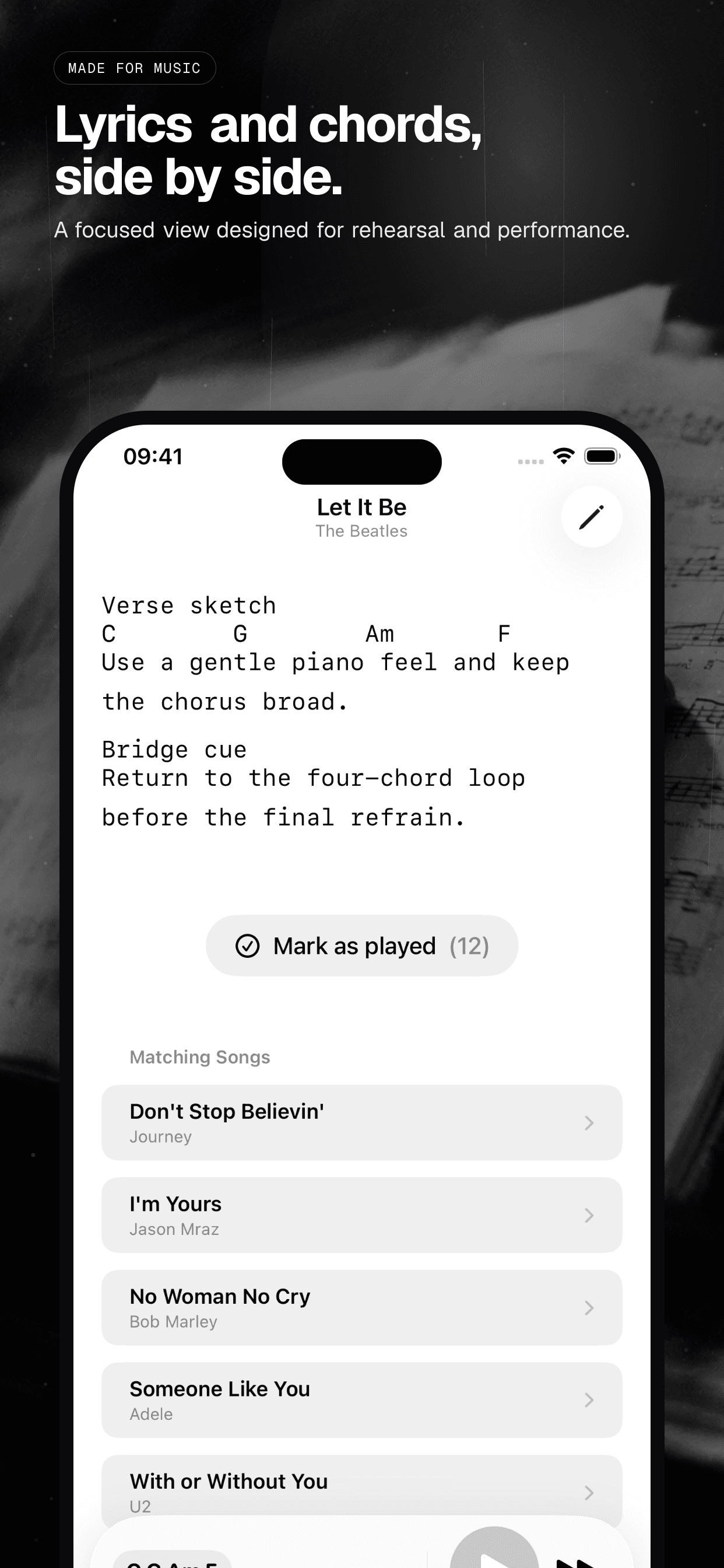 03 · Lyrics and chords, side by side., from the analog 6.5-inch iPhone App Store screenshot set.