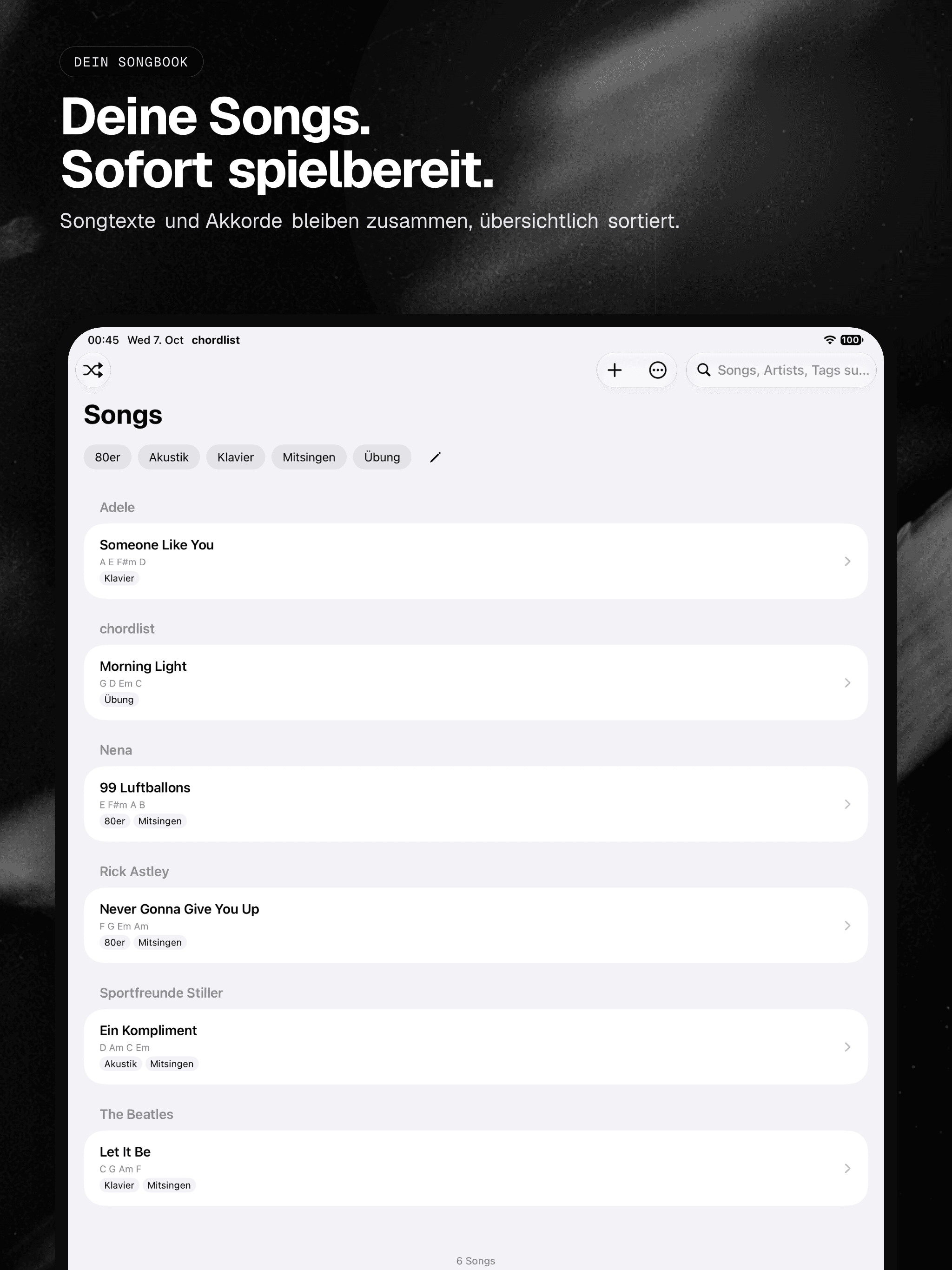 01 · Deine Songs. Sofort spielbereit., from the German analog 13-inch iPad App Store screenshot set.