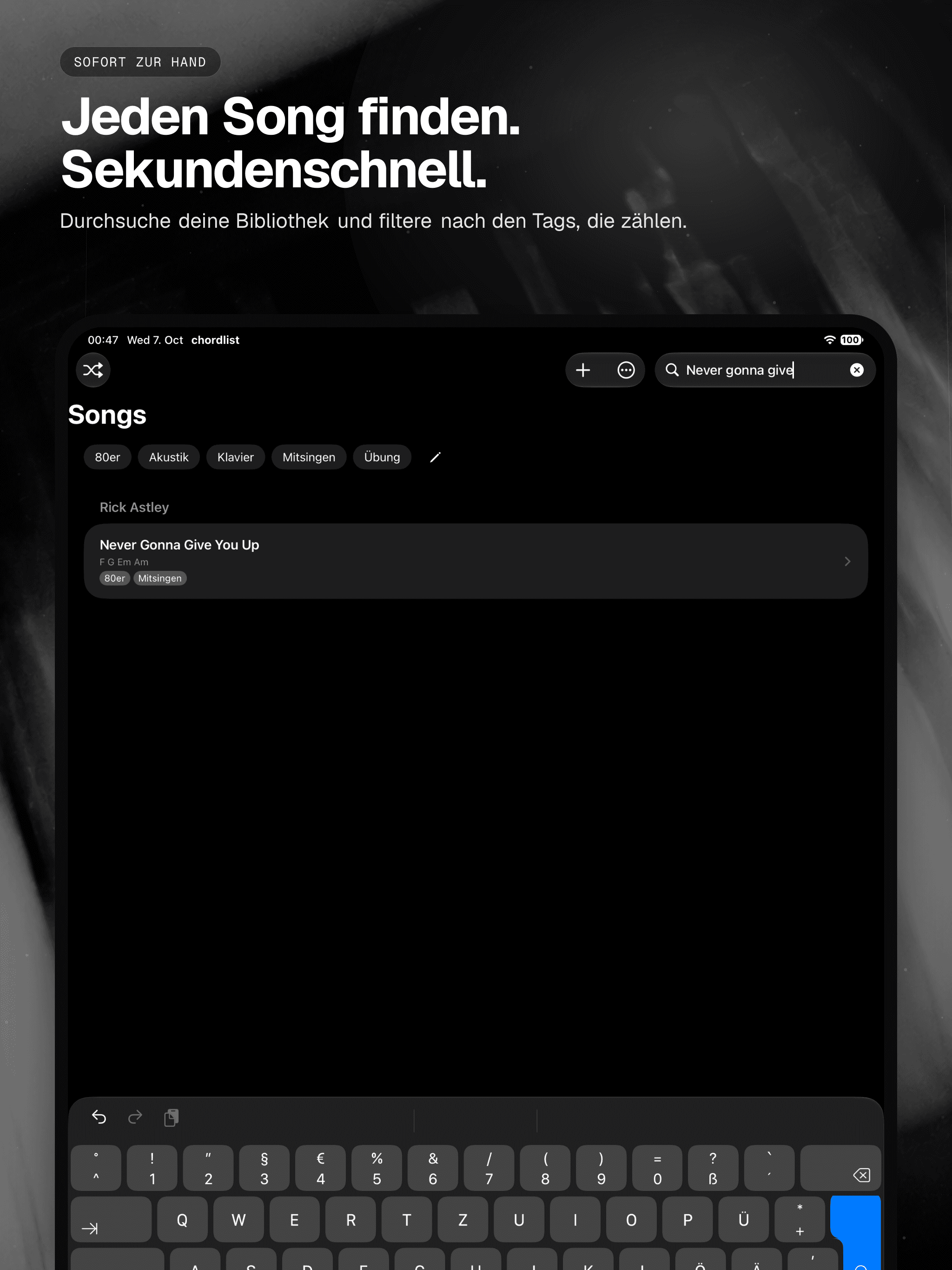 02 · Jeden Song finden. Sekundenschnell., from the German analog 13-inch iPad App Store screenshot set.