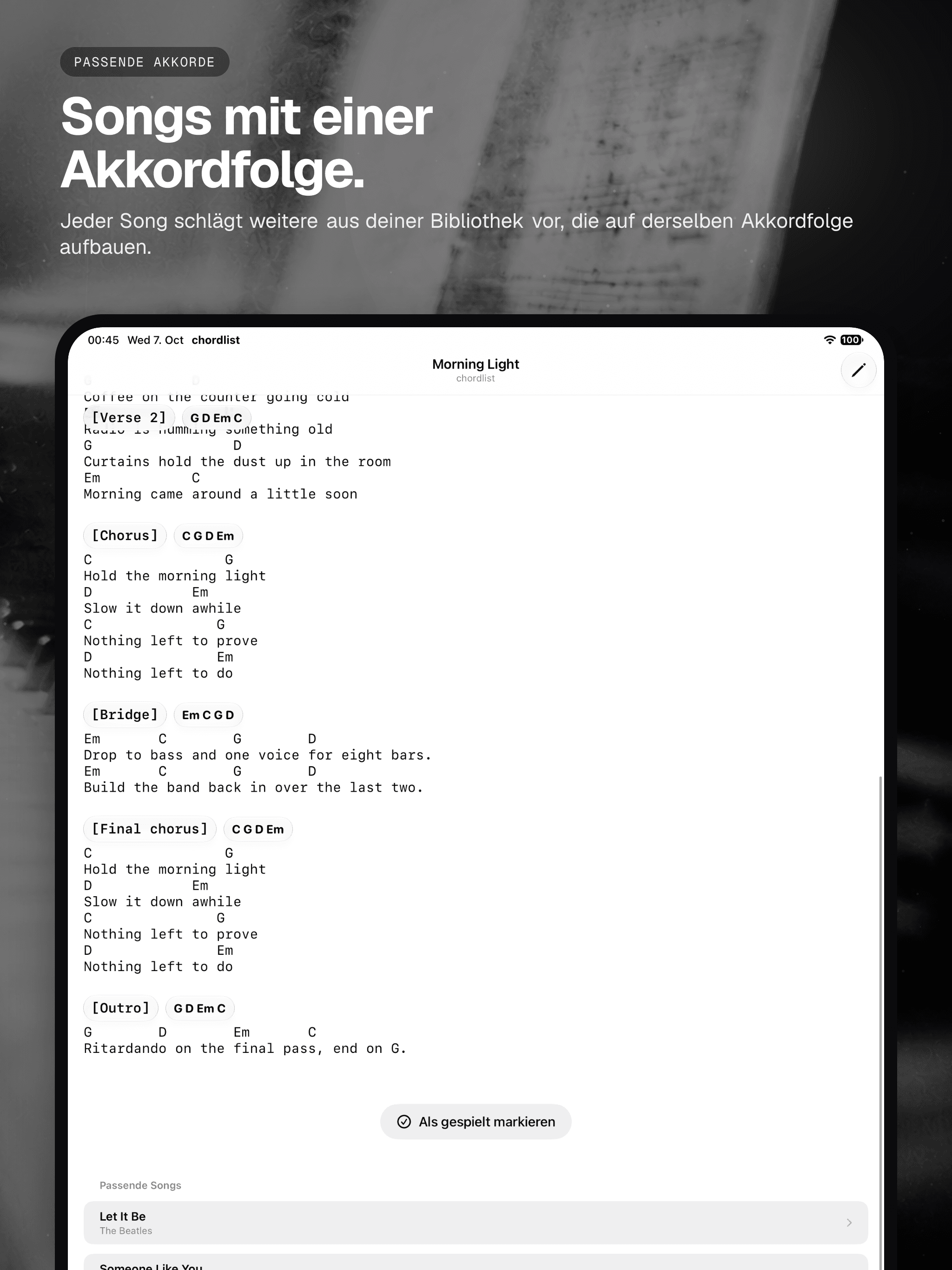03 · Songs mit einer Akkordfolge., from the German analog 13-inch iPad App Store screenshot set.