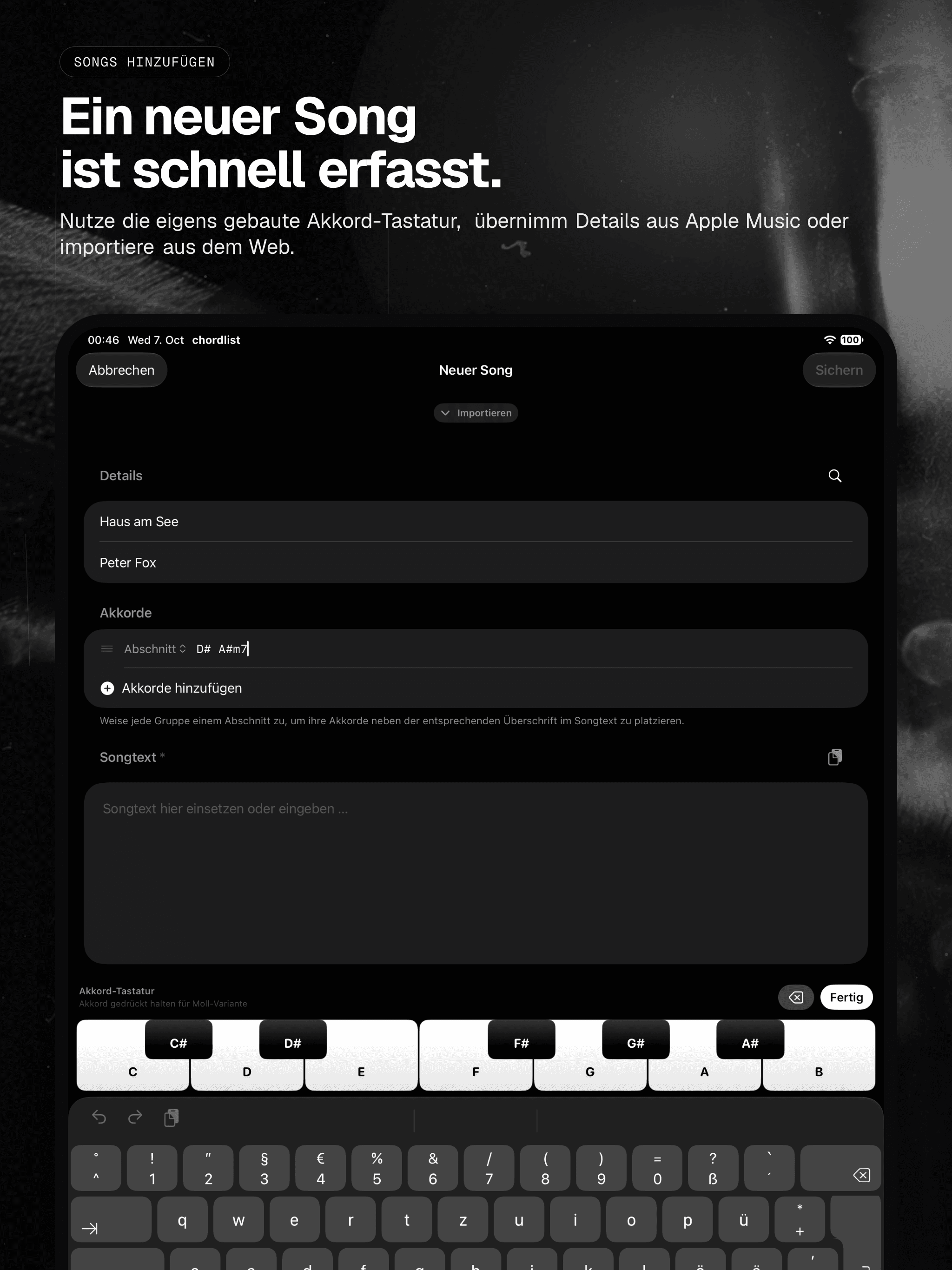 04 · Ein neuer Song ist schnell erfasst., from the German analog 13-inch iPad App Store screenshot set.