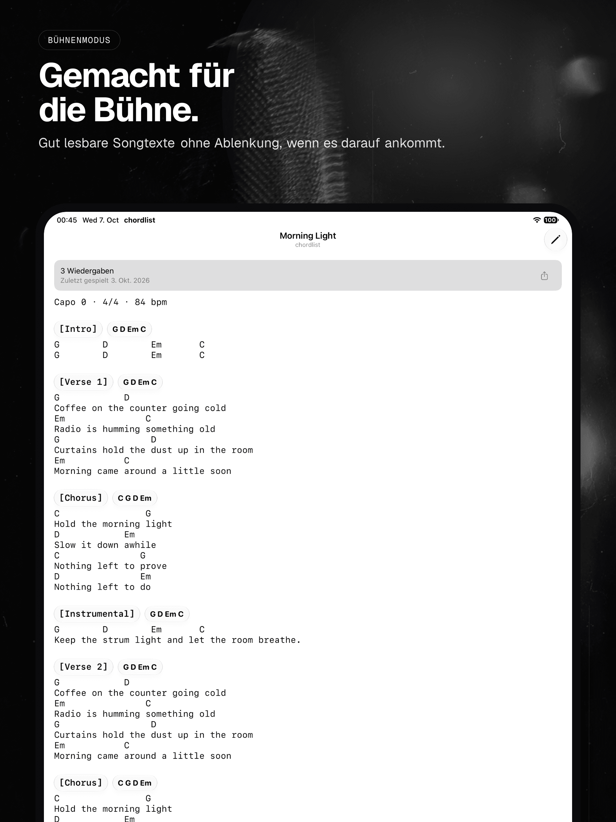 05 · Gemacht für die Bühne., from the German analog 13-inch iPad App Store screenshot set.