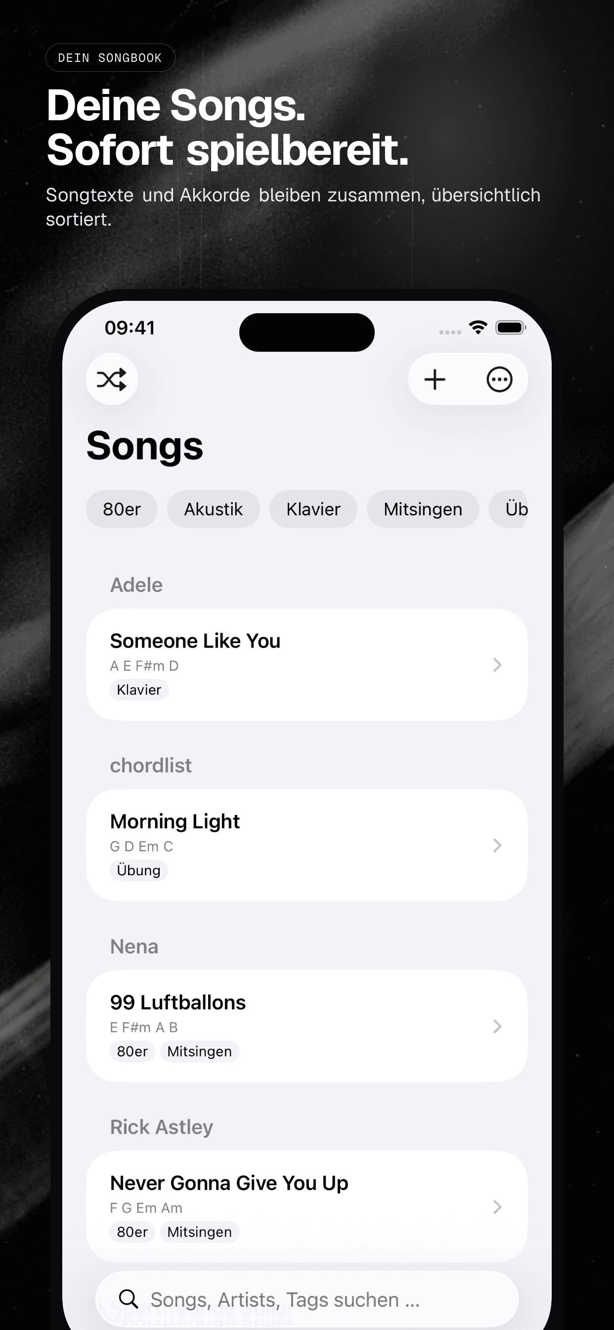 01 · Deine Songs. Sofort spielbereit., from the German analog 6.5-inch iPhone App Store screenshot set.