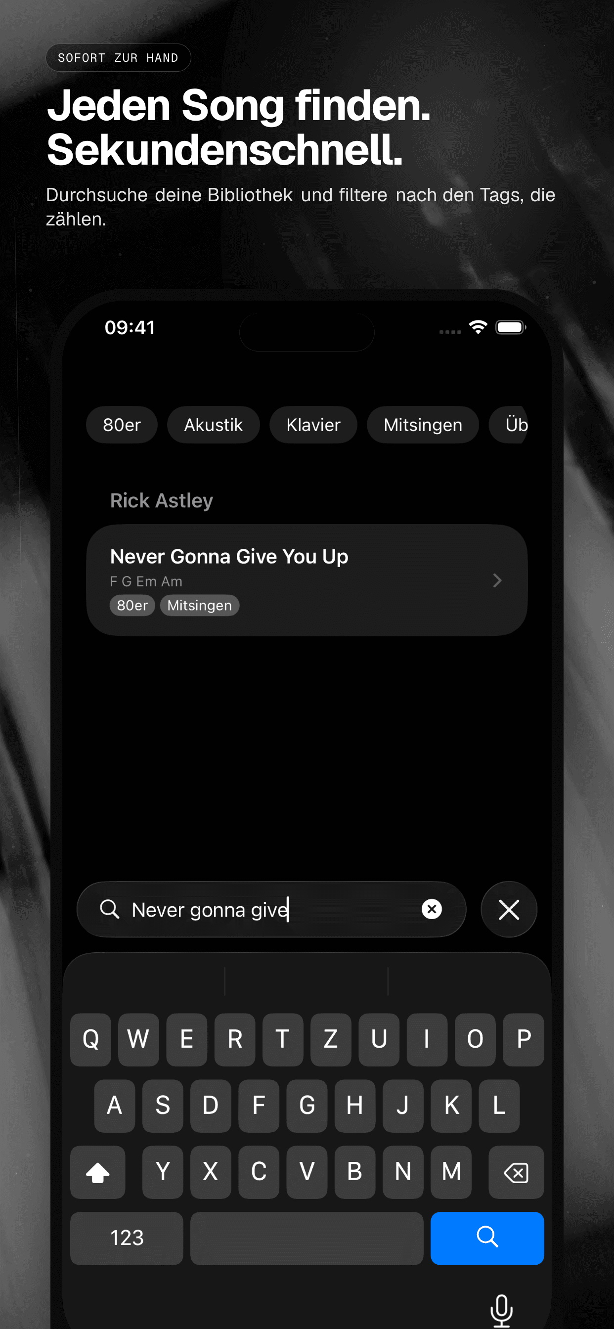 02 · Jeden Song finden. Sekundenschnell., from the German analog 6.5-inch iPhone App Store screenshot set.