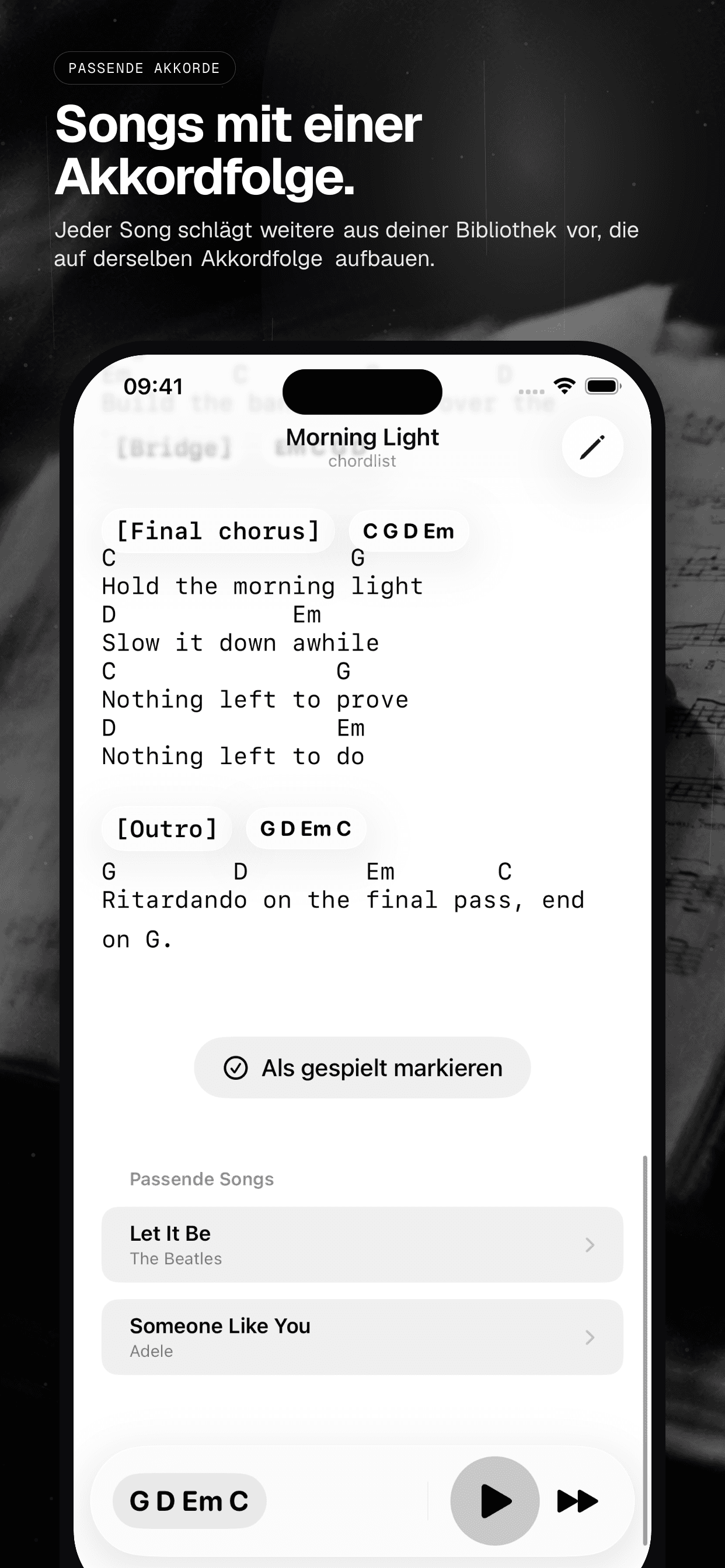 03 · Songs mit einer Akkordfolge., from the German analog 6.5-inch iPhone App Store screenshot set.