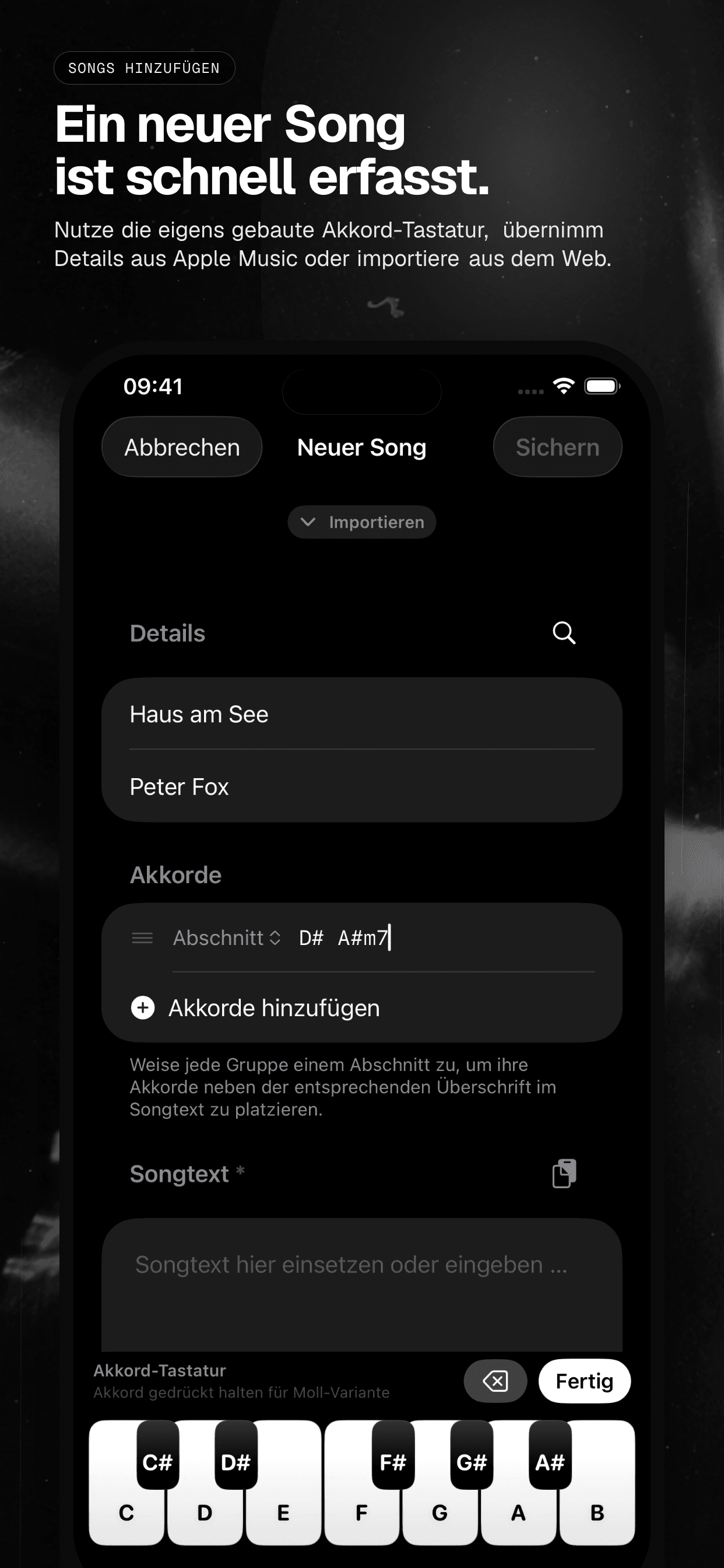 04 · Ein neuer Song ist schnell erfasst., from the German analog 6.5-inch iPhone App Store screenshot set.