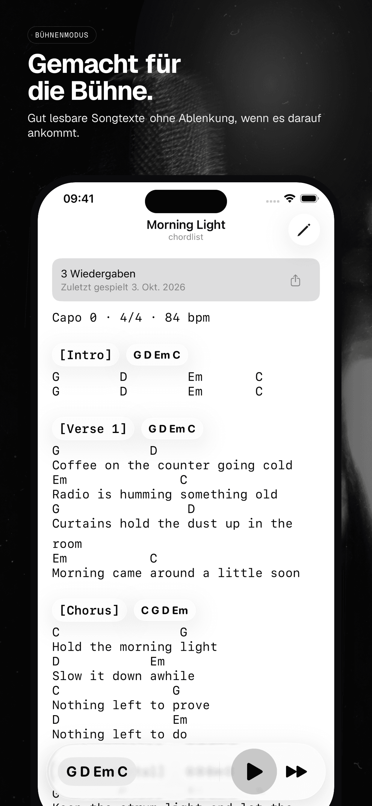05 · Gemacht für die Bühne., from the German analog 6.5-inch iPhone App Store screenshot set.