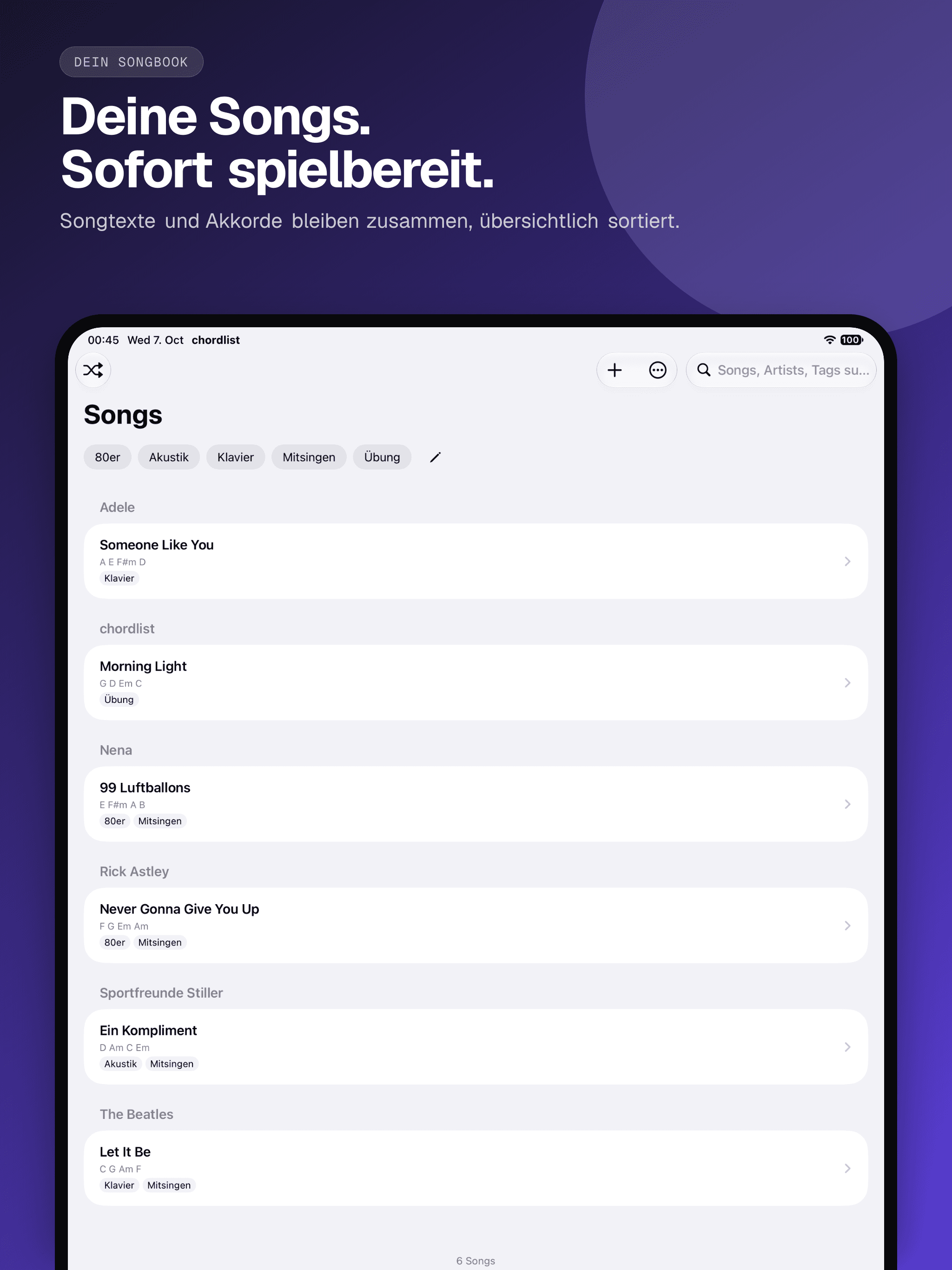 01 · Deine Songs. Sofort spielbereit., from the German classic 13-inch iPad App Store screenshot set.