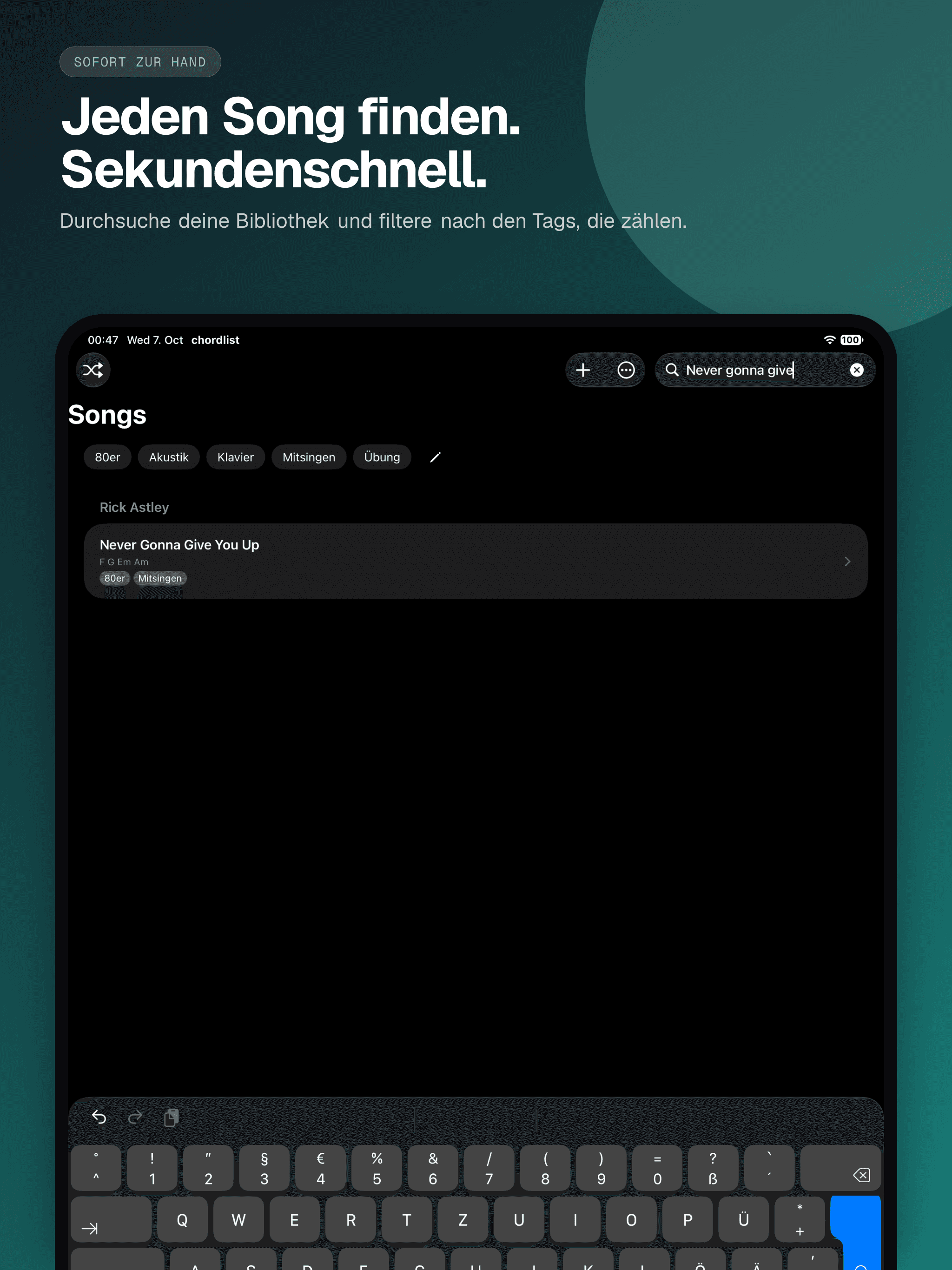 02 · Jeden Song finden. Sekundenschnell., from the German classic 13-inch iPad App Store screenshot set.