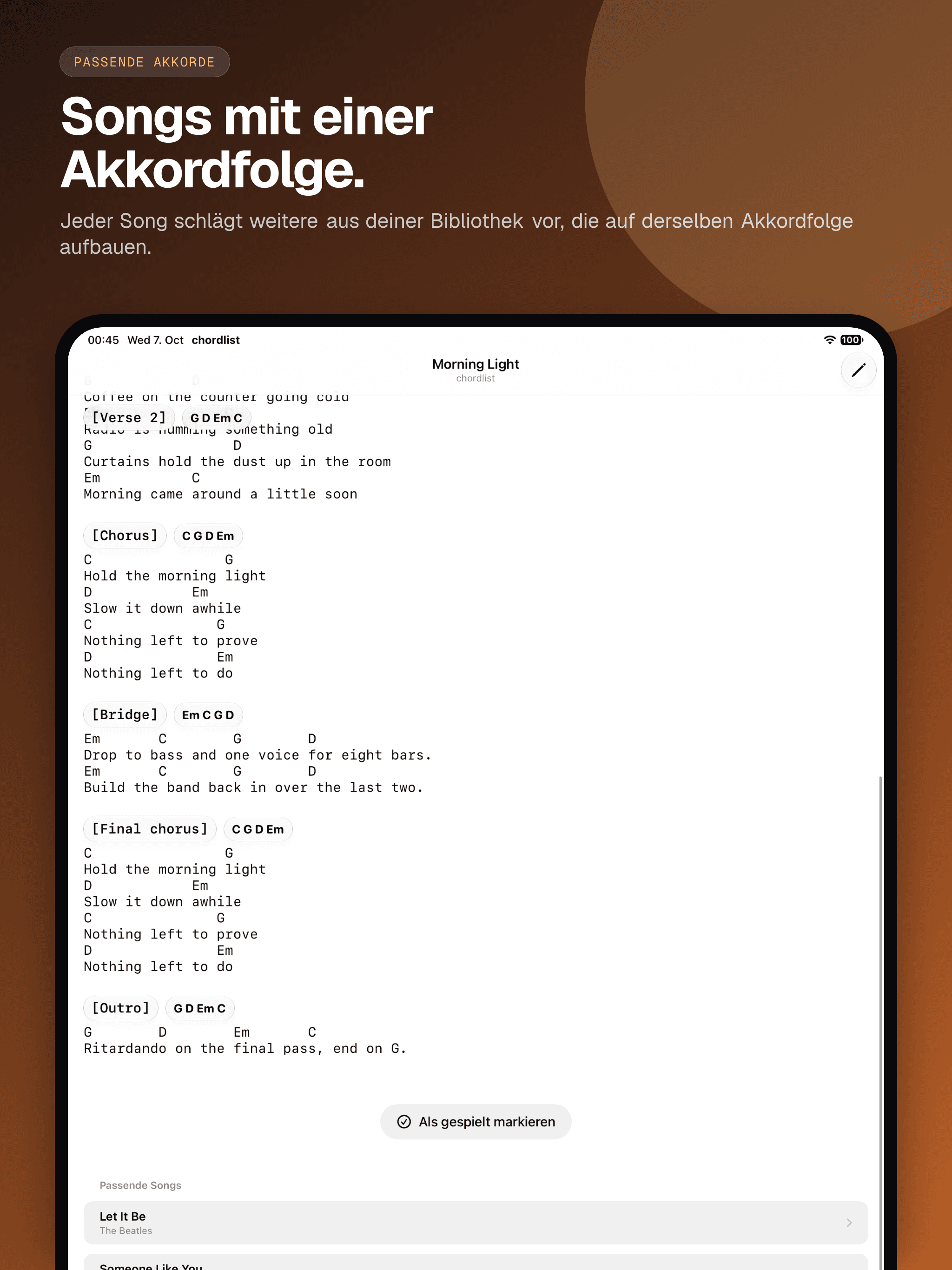 03 · Songs mit einer Akkordfolge., from the German classic 13-inch iPad App Store screenshot set.