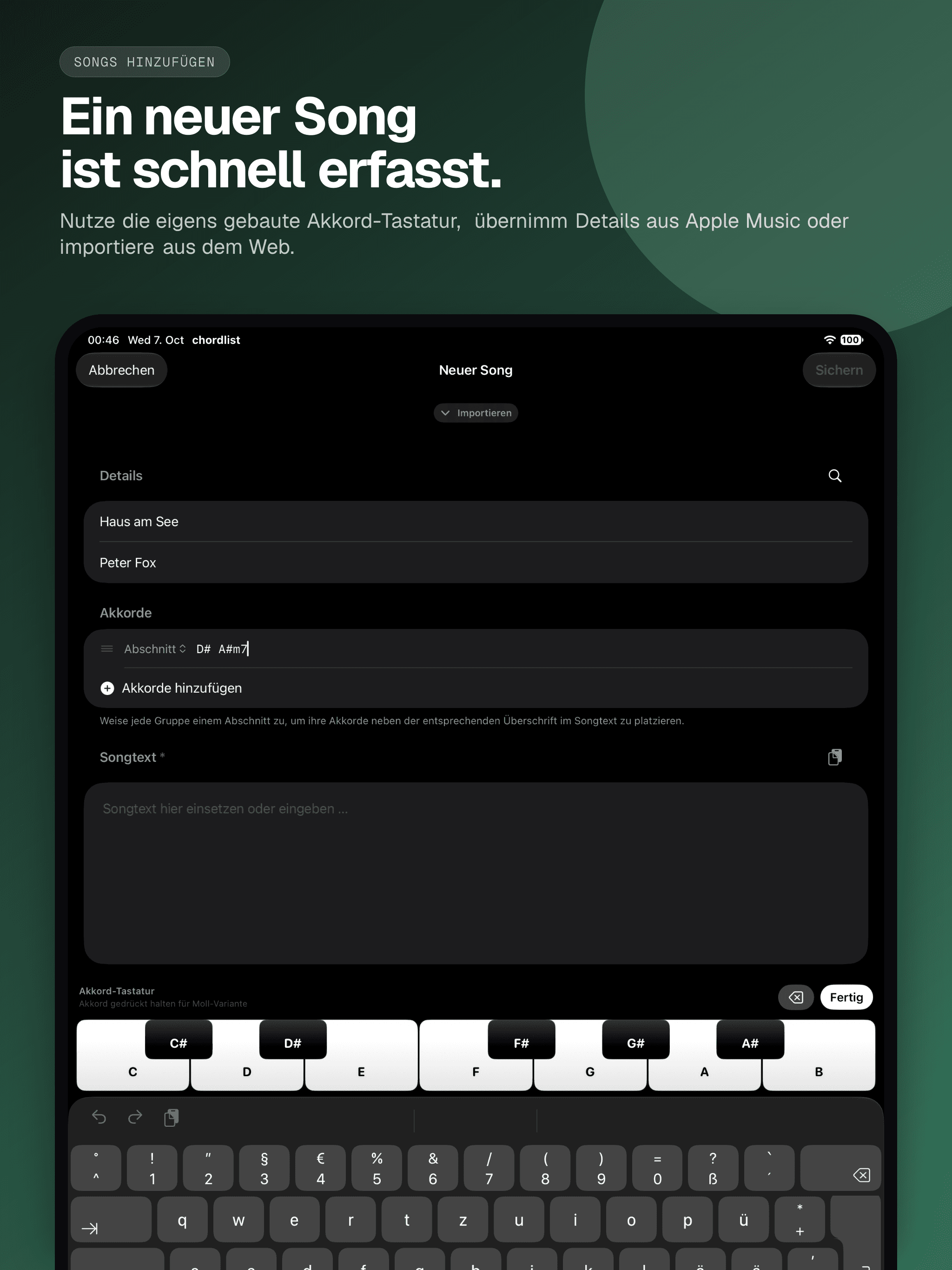 04 · Ein neuer Song ist schnell erfasst., from the German classic 13-inch iPad App Store screenshot set.