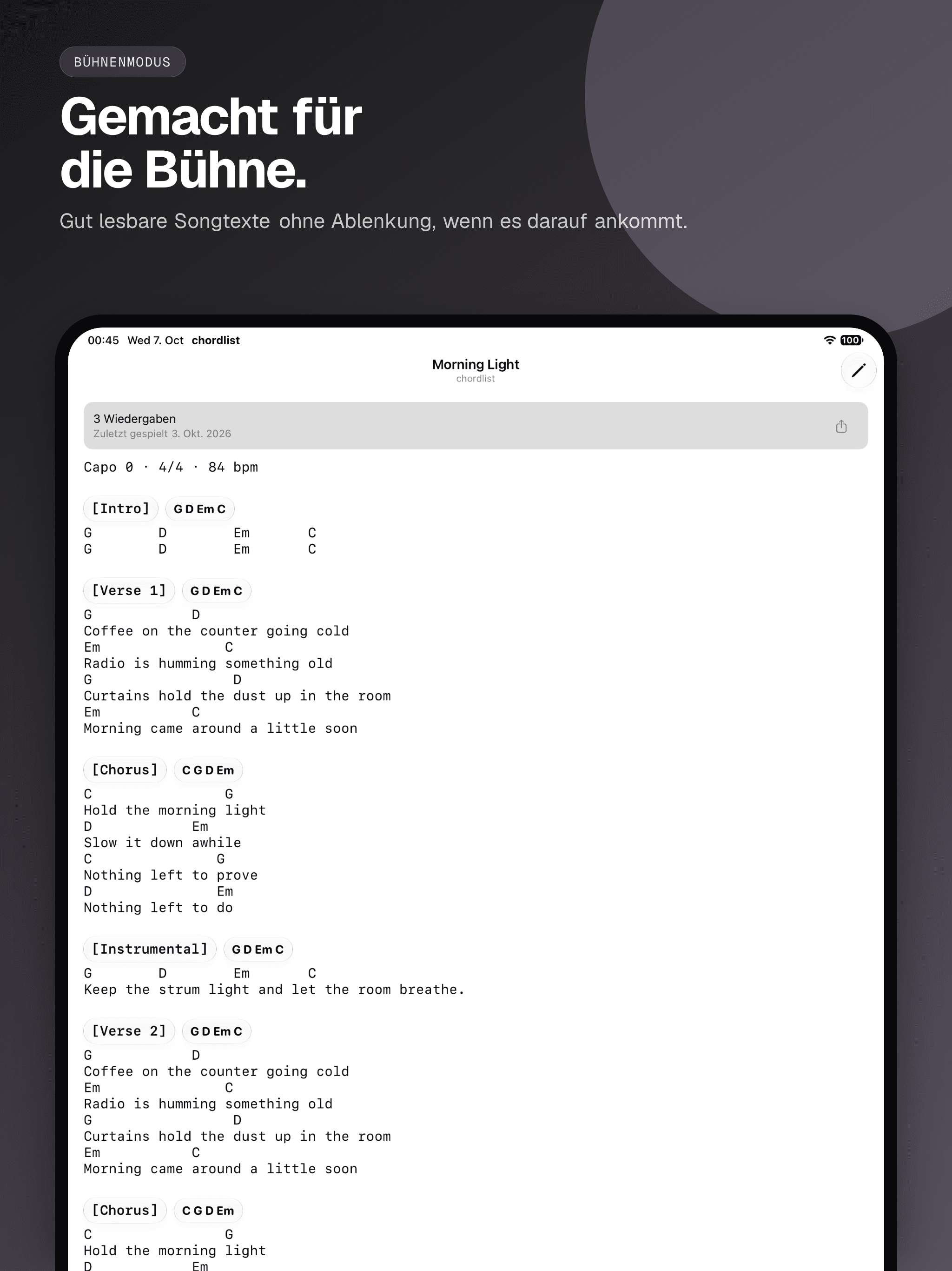 05 · Gemacht für die Bühne., from the German classic 13-inch iPad App Store screenshot set.