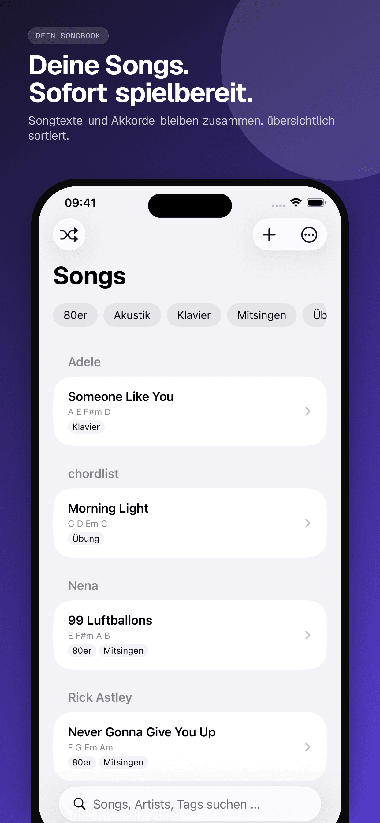 01 · Deine Songs. Sofort spielbereit., from the German classic 6.5-inch iPhone App Store screenshot set.