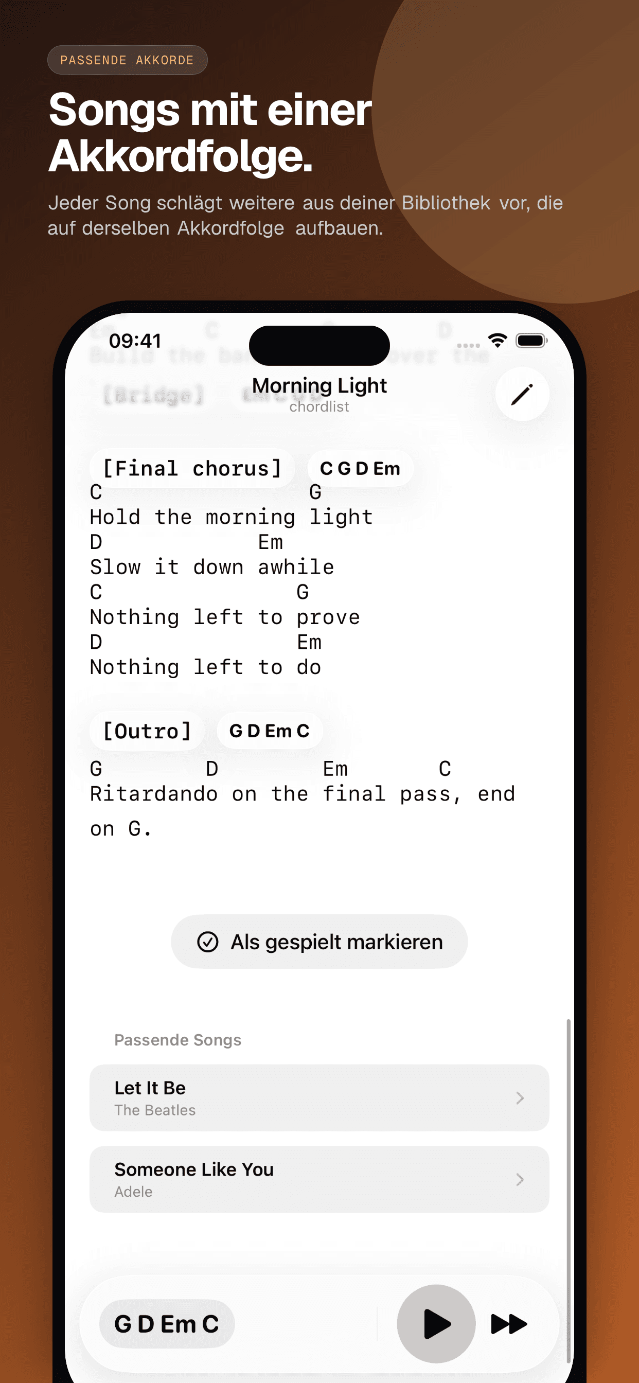03 · Songs mit einer Akkordfolge., from the German classic 6.5-inch iPhone App Store screenshot set.