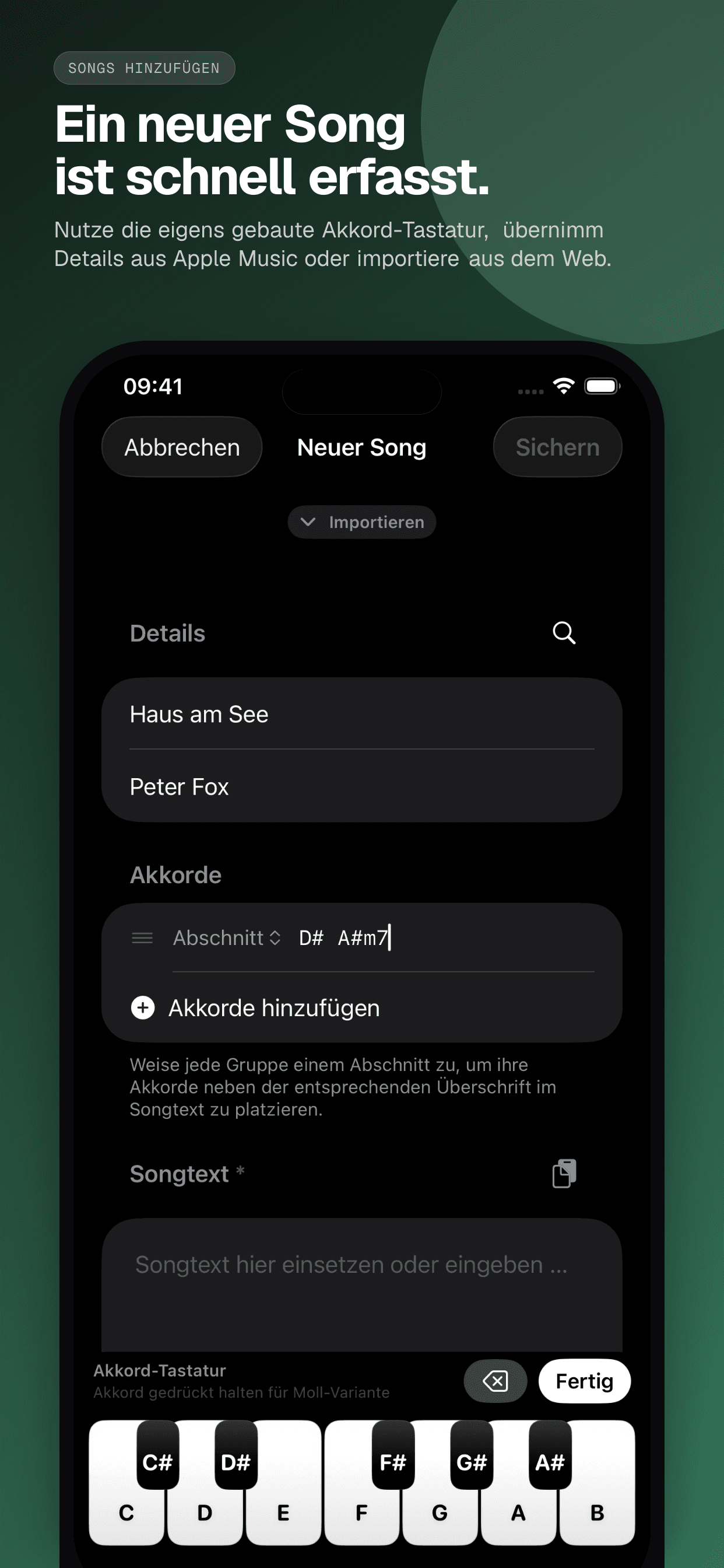 04 · Ein neuer Song ist schnell erfasst., from the German classic 6.5-inch iPhone App Store screenshot set.