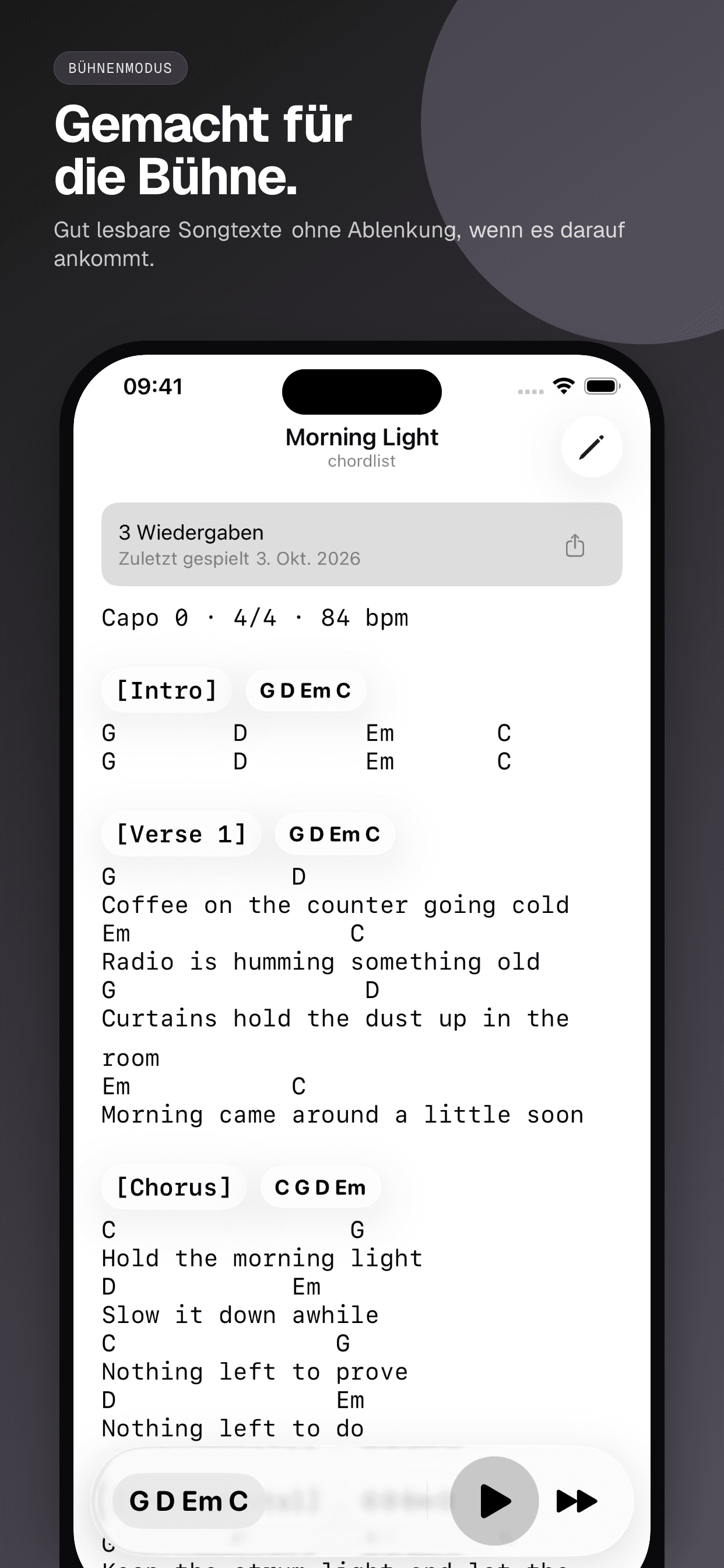 05 · Gemacht für die Bühne., from the German classic 6.5-inch iPhone App Store screenshot set.