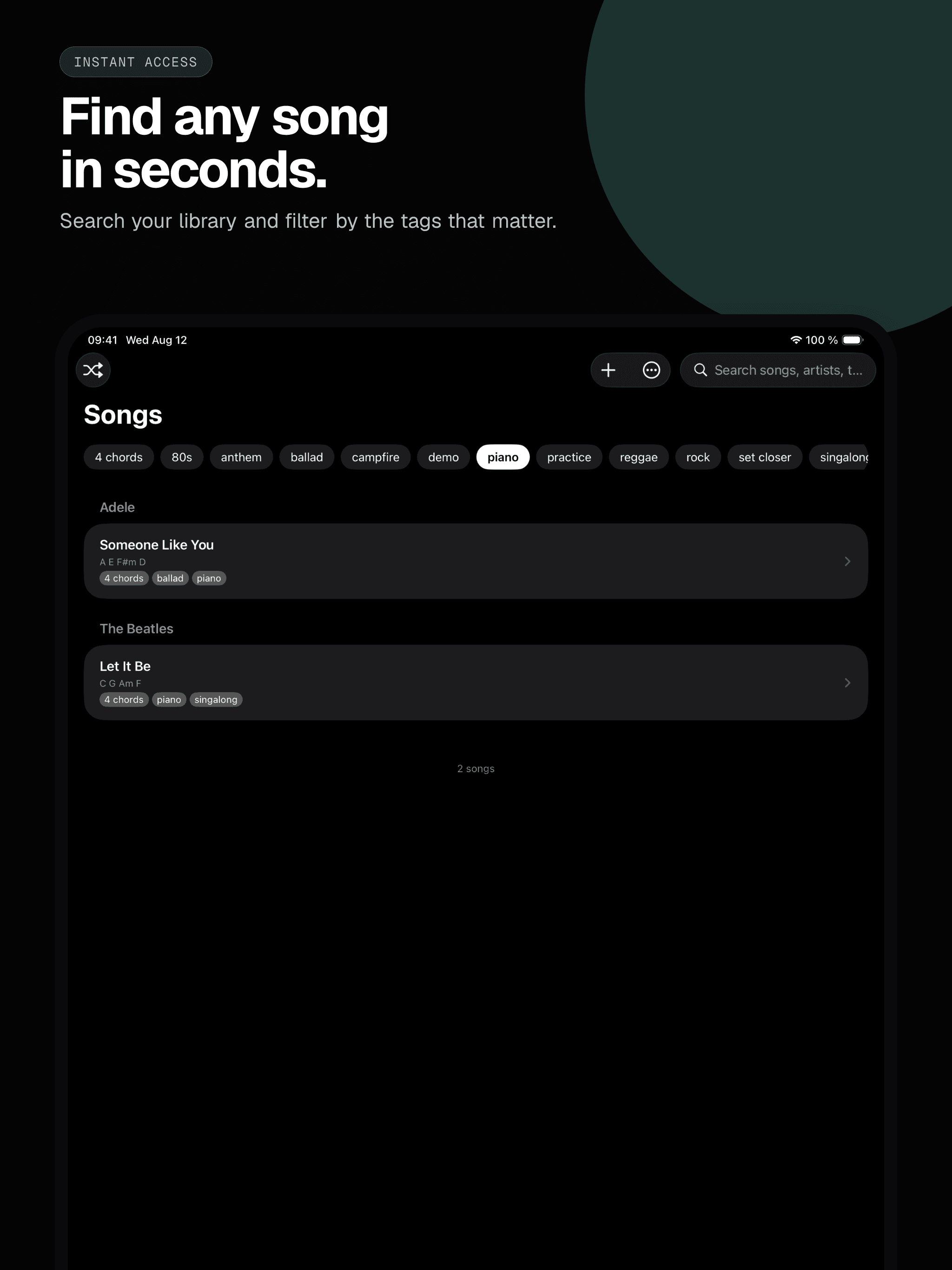 02 · Find any song in seconds., from the classic 13-inch iPad App Store screenshot set.