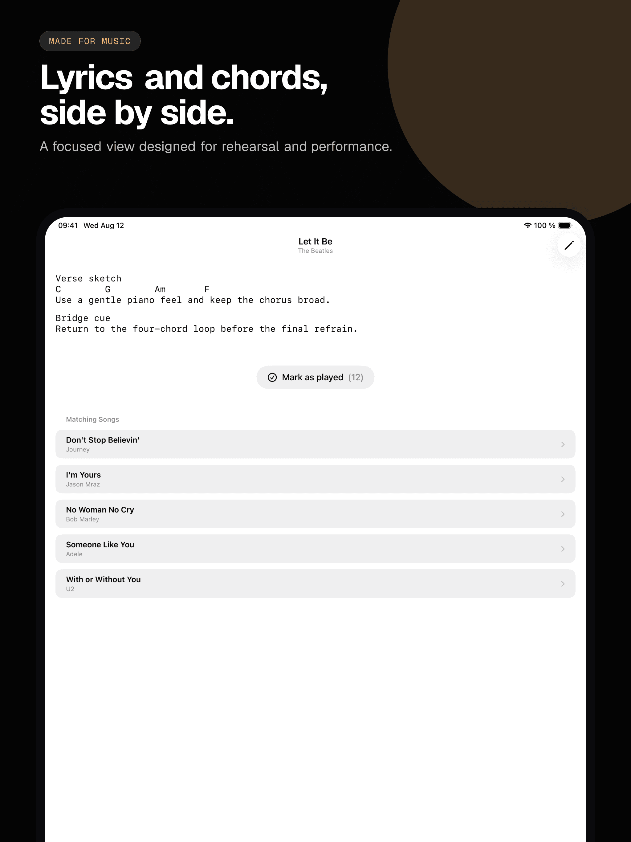 03 · Lyrics and chords, side by side., from the classic 13-inch iPad App Store screenshot set.