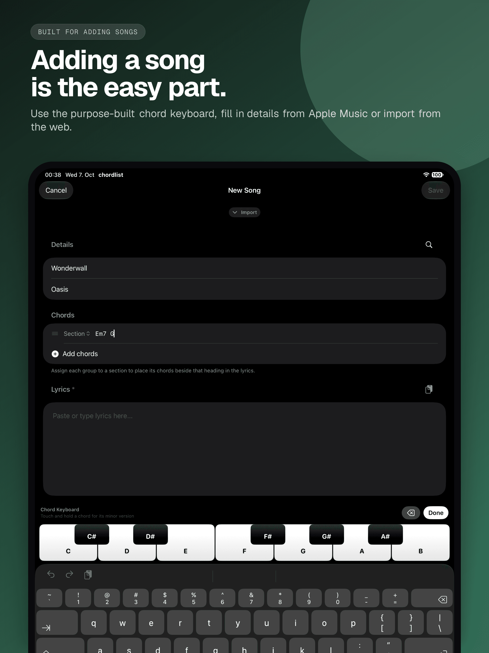 04 · Adding a song is the easy part., from the English classic 13-inch iPad App Store screenshot set.