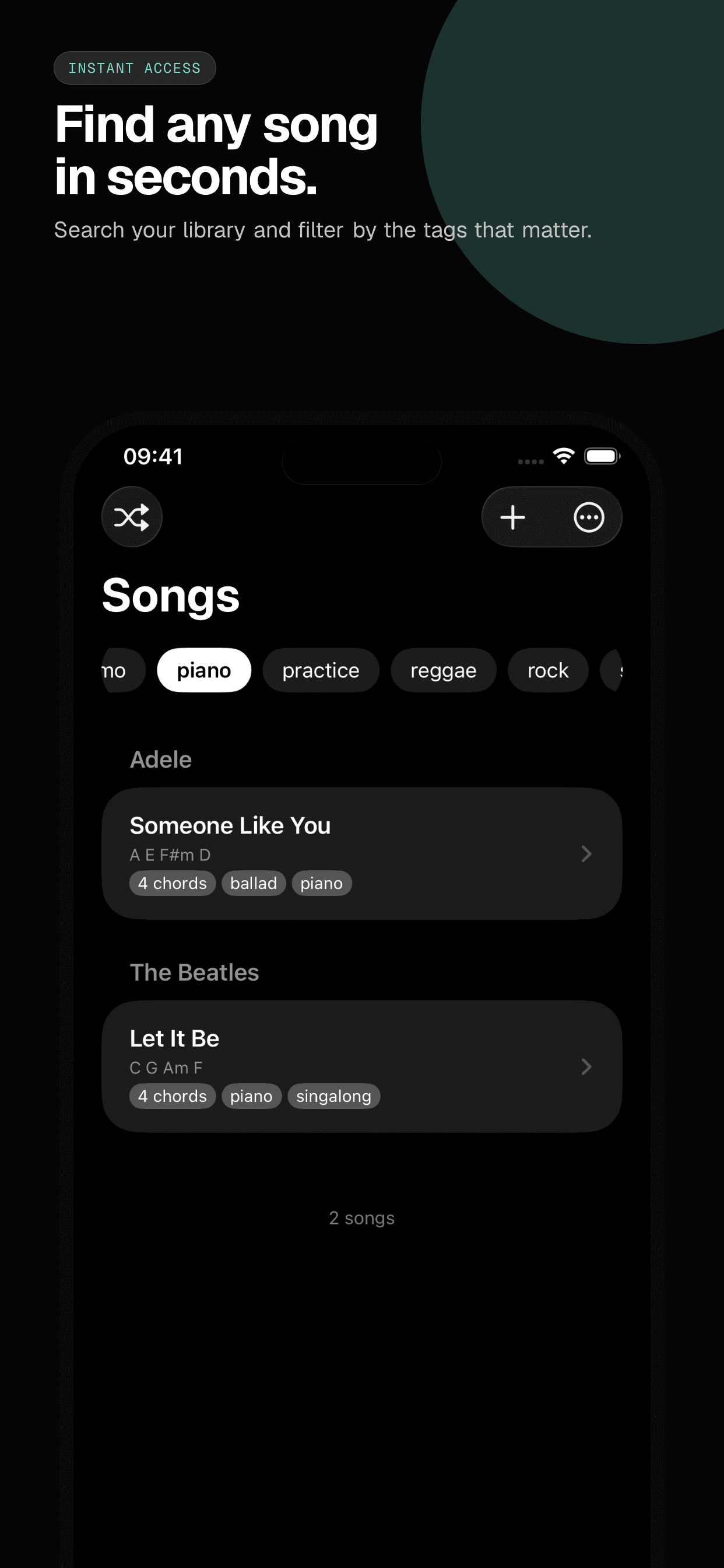 02 · Find any song in seconds., from the classic 6.5-inch iPhone App Store screenshot set.