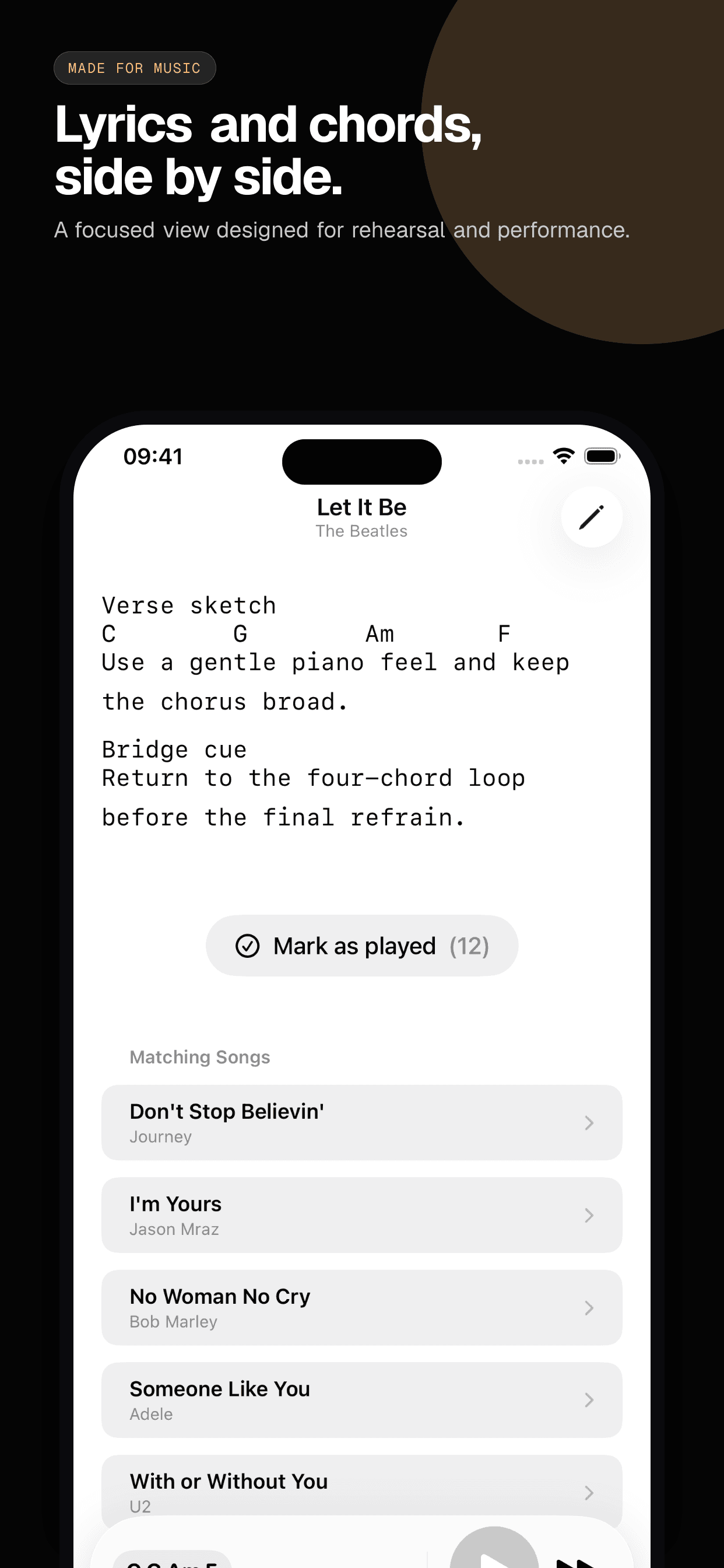 03 · Lyrics and chords, side by side., from the classic 6.5-inch iPhone App Store screenshot set.