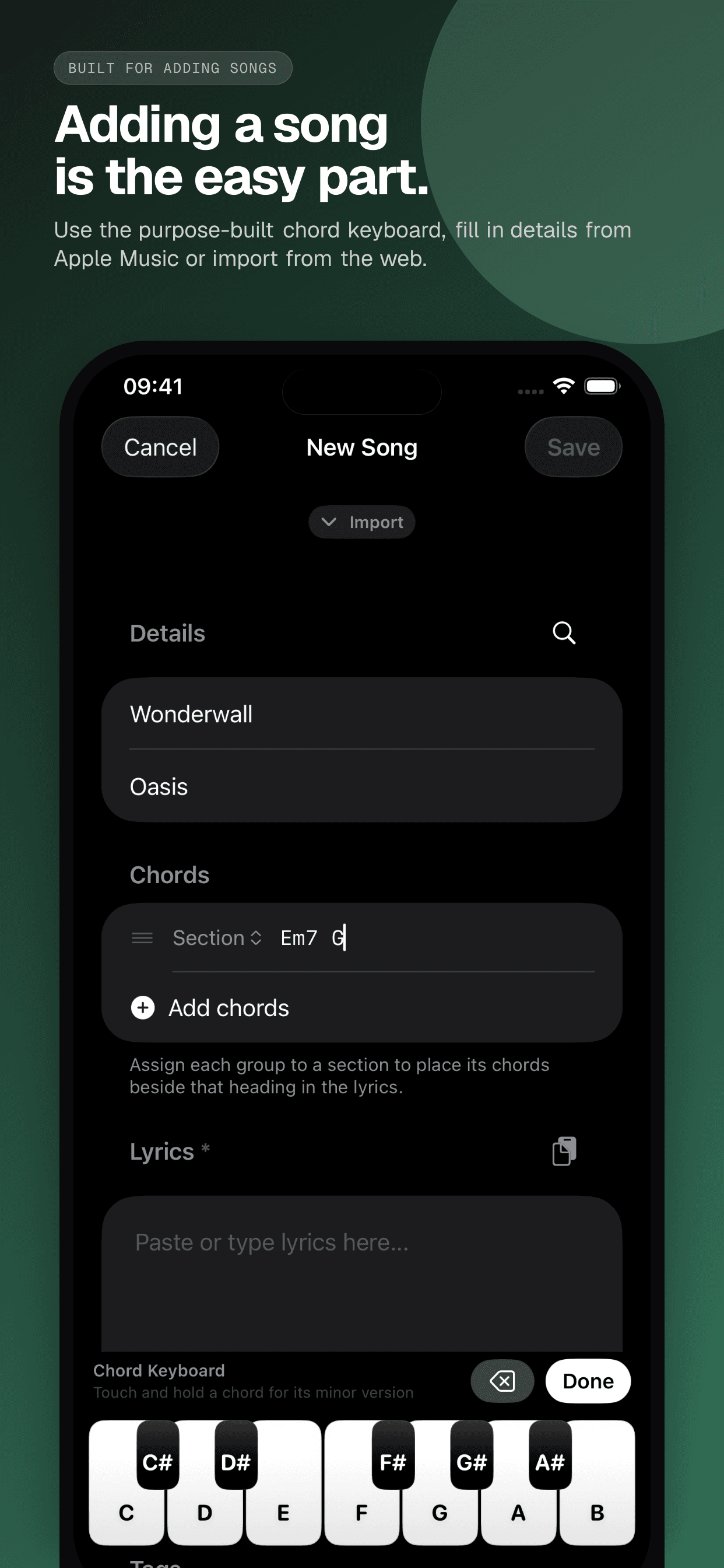 04 · Adding a song is the easy part., from the English classic 6.5-inch iPhone App Store screenshot set.