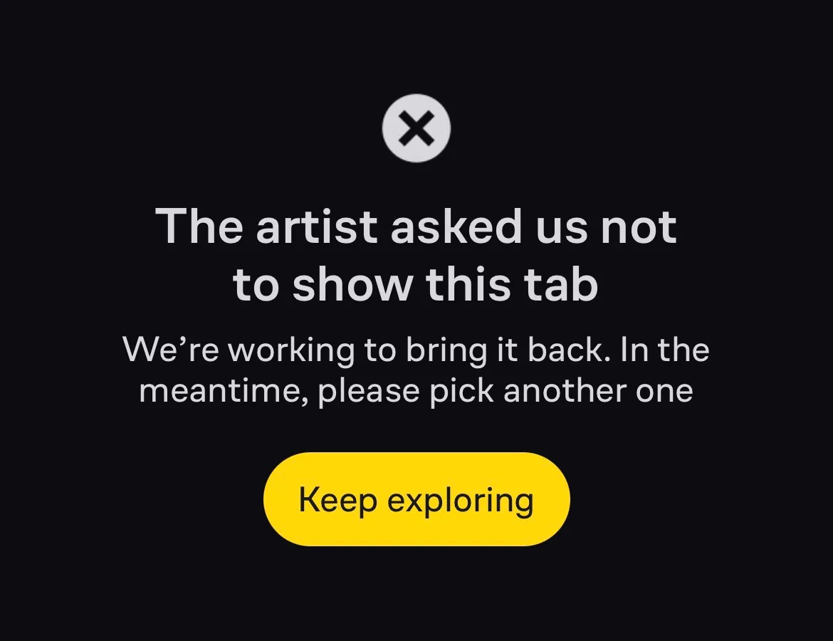 Alert in a chord app with the text "The artist asked us not to show this tab"
